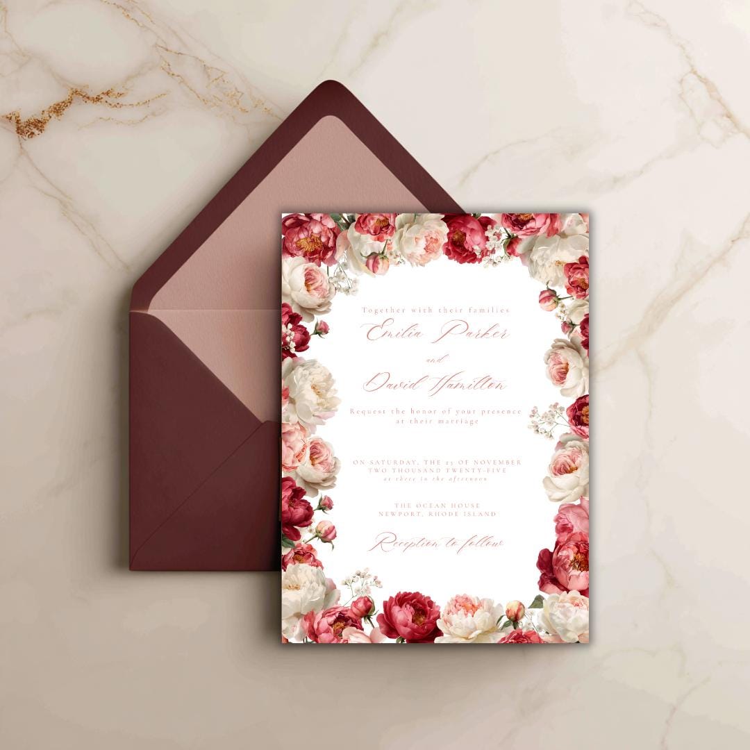 Pink Floral Wedding Invitation Template | Blush Peony & Rose Wedding Invite | Romantic Editable Canva Template for DIY Brides