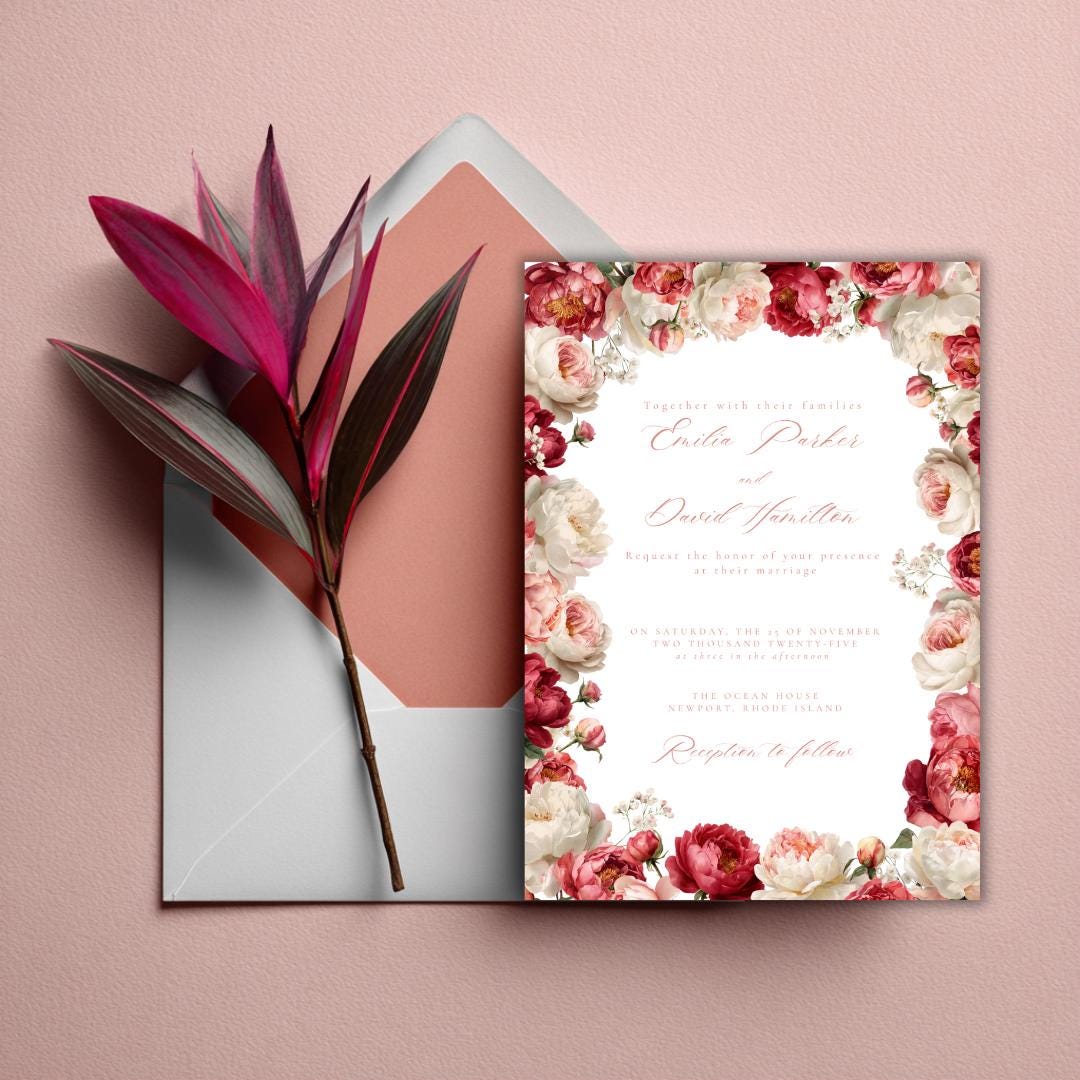 Pink Floral Wedding Invitation Template | Blush Peony & Rose Wedding Invite | Romantic Editable Canva Template for DIY Brides