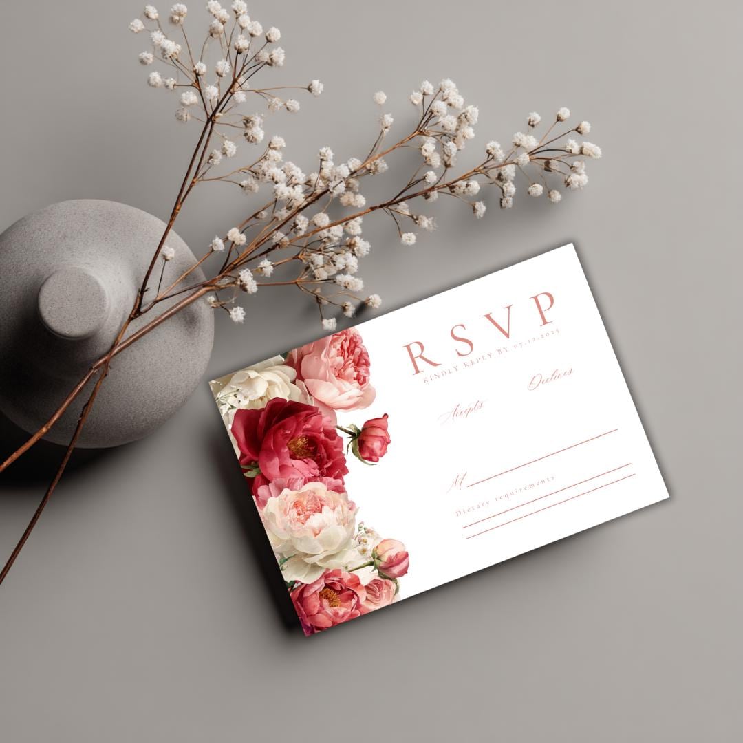 Pink Floral Wedding RSVP Card Template | Blush Peony Response Card | Romantic Editable Canva Template for DIY Brides