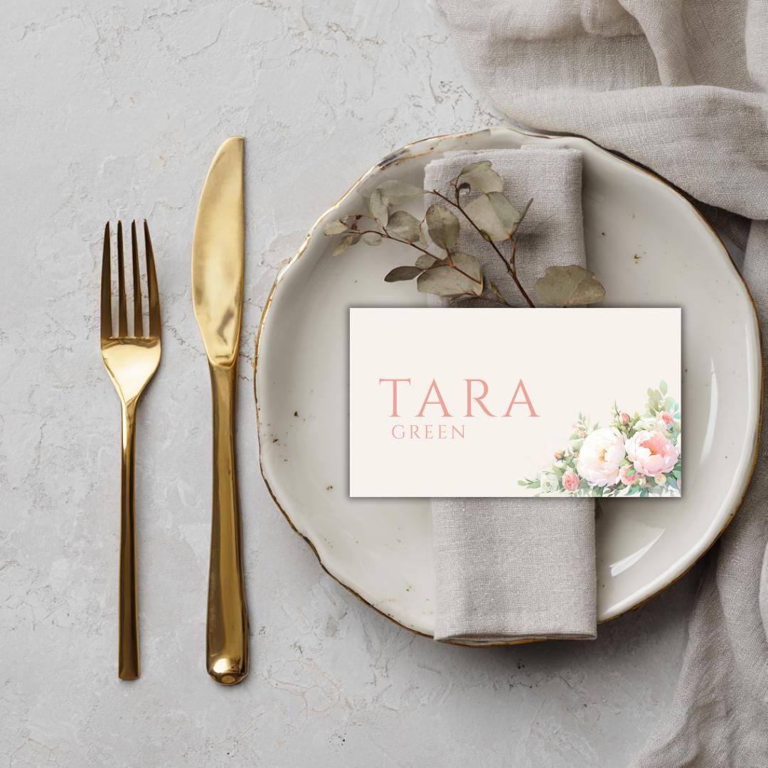 Pink and Green Flower Wedding Place Card Template - Pink Floral, Editable in Canva (Instant Download)