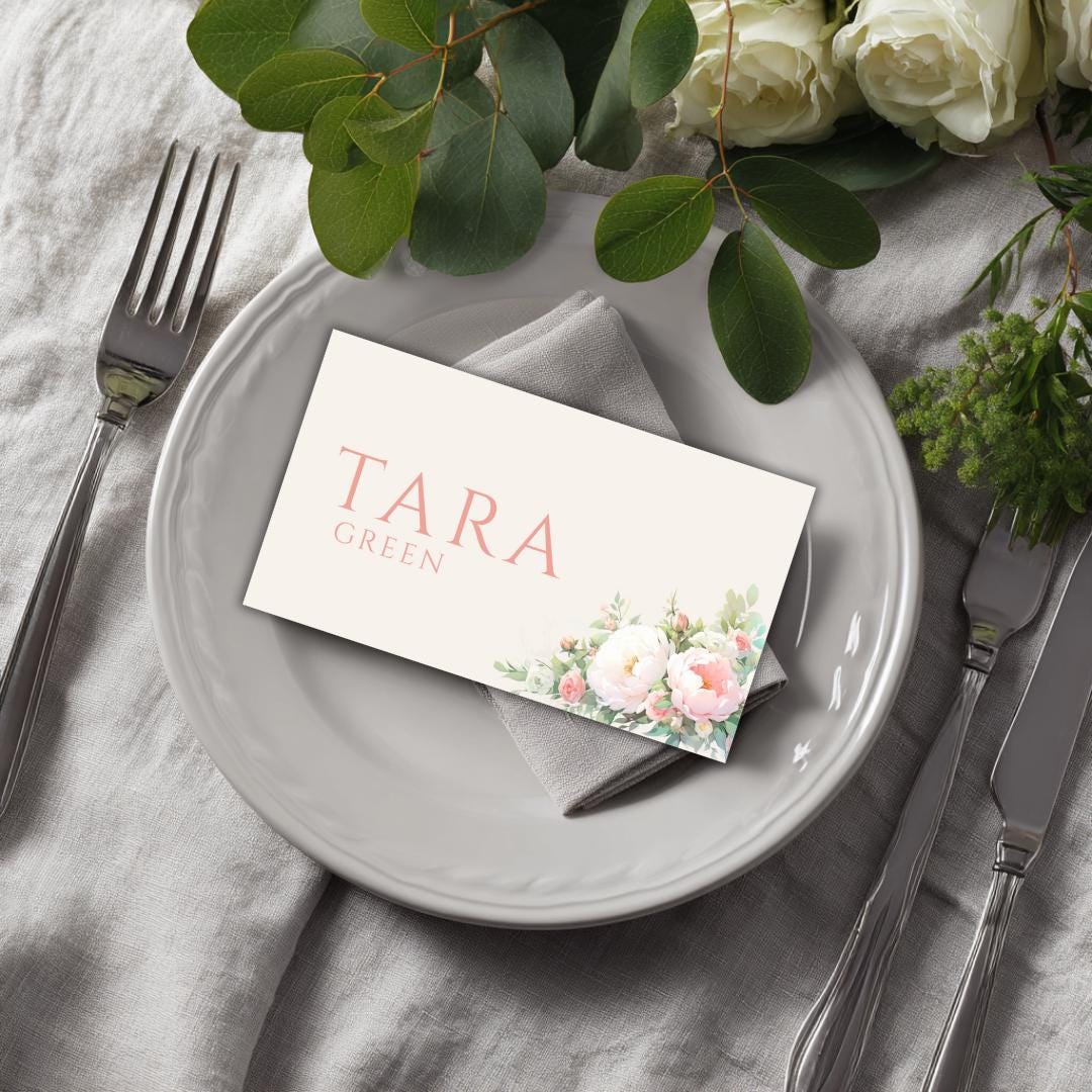 Pink and Green Flower Wedding Place Card Template - Pink Floral, Editable in Canva (Instant Download)