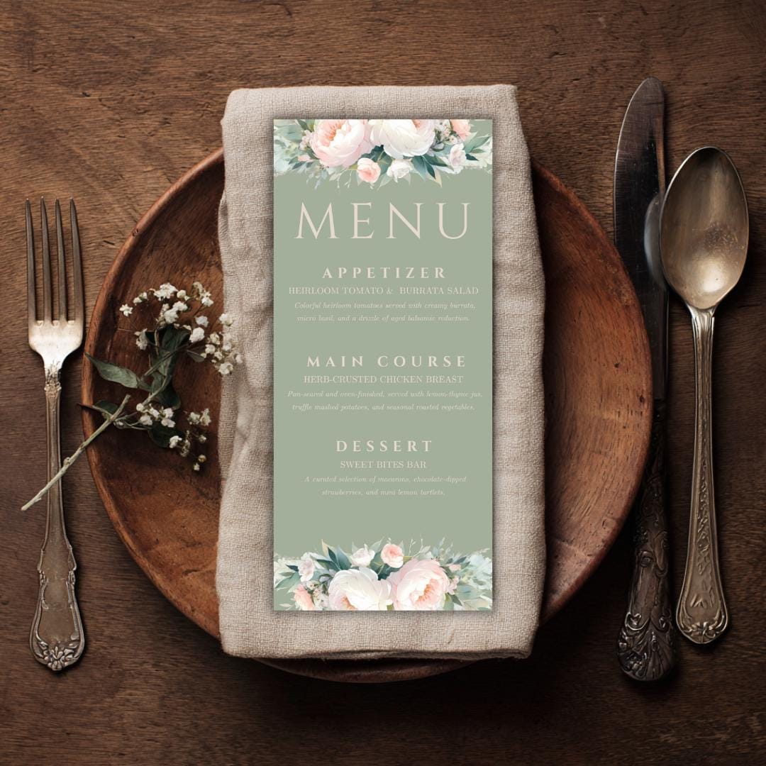 Pink and Green Flowers Wedding Menu Template - Sage Green Floral, Canva Template, Instant Download, DIY Bride