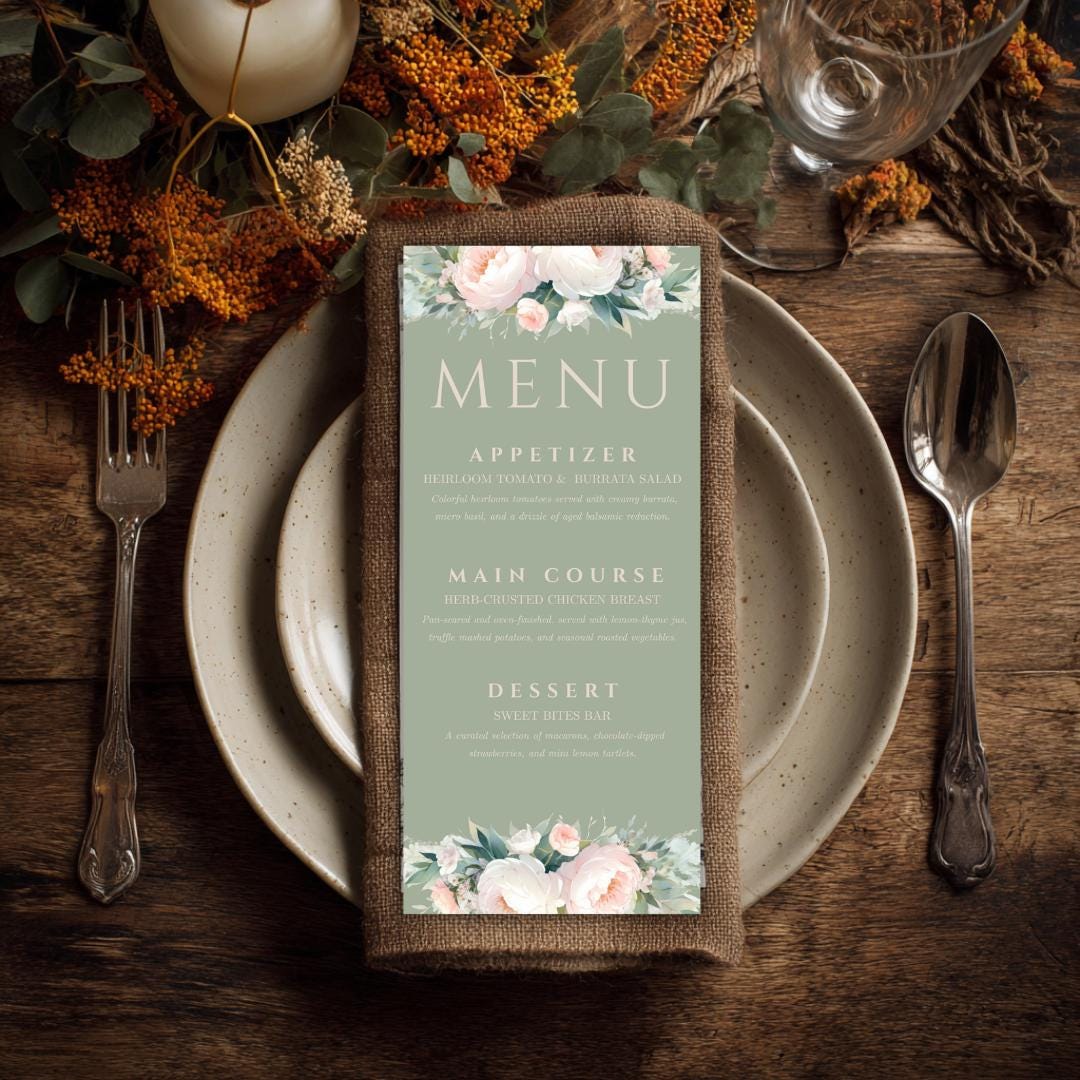 Pink and Green Flowers Wedding Menu Template - Sage Green Floral, Canva Template, Instant Download, DIY Bride