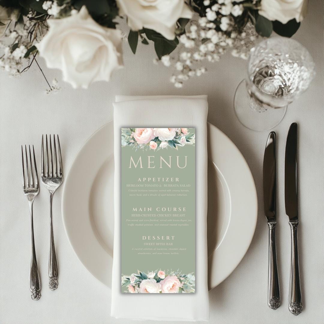 Pink and Green Flowers Wedding Menu Template - Sage Green Floral, Canva Template, Instant Download, DIY Bride