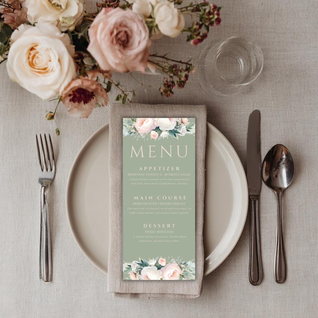 Pink and Green Flowers Wedding Menu Template - Sage Green Floral, Canva Template, Instant Download, DIY Bride