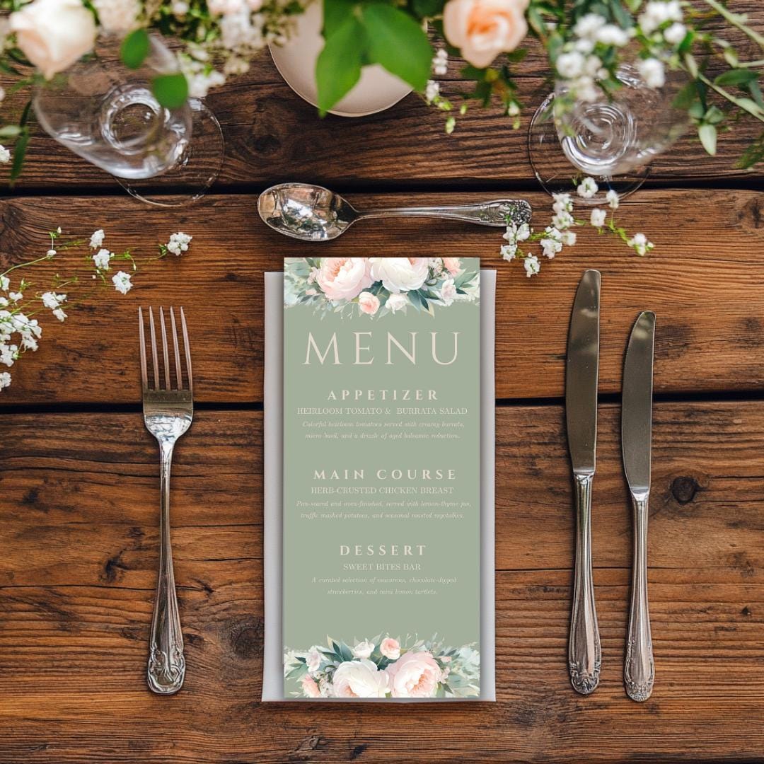 Pink and Green Flowers Wedding Menu Template - Sage Green Floral, Canva Template, Instant Download, DIY Bride