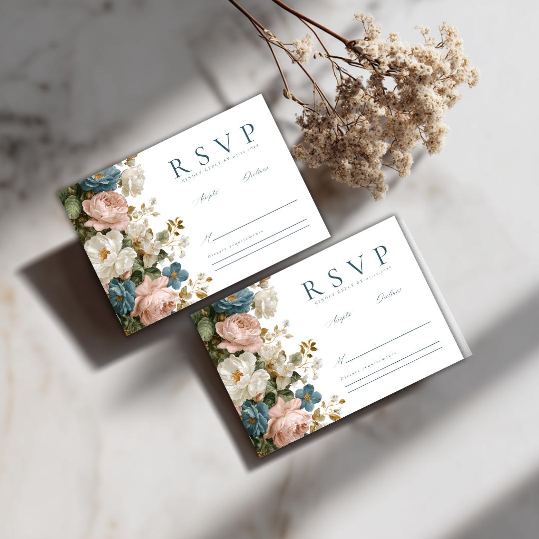 Rococo Floral Wedding RSVP Card Template | Editable Canva RSVP | Elegant Blue & Pink Floral Design | Printable Wedding Template