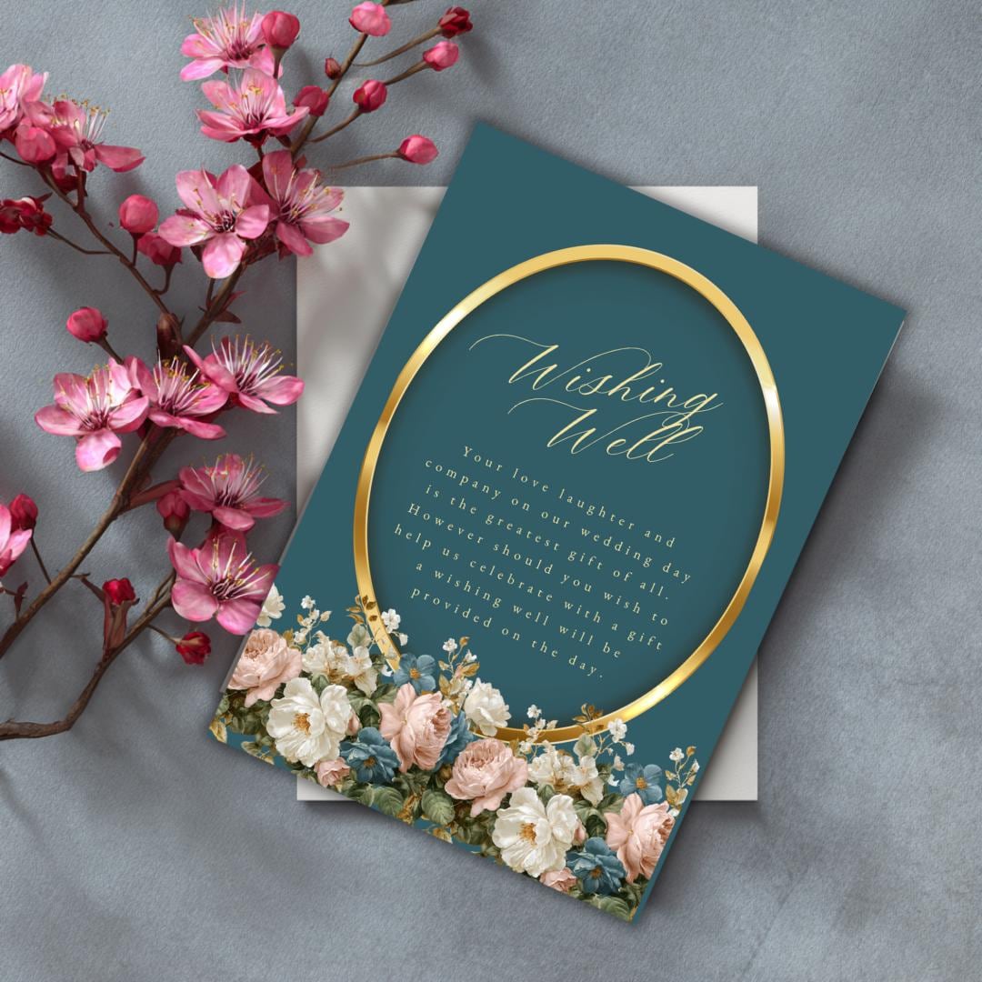 Rococo Floral Wishing Well Card Template | Editable Canva Wedding Insert | Elegant Blue & Blush Floral Design | Printable Gift Poem Card