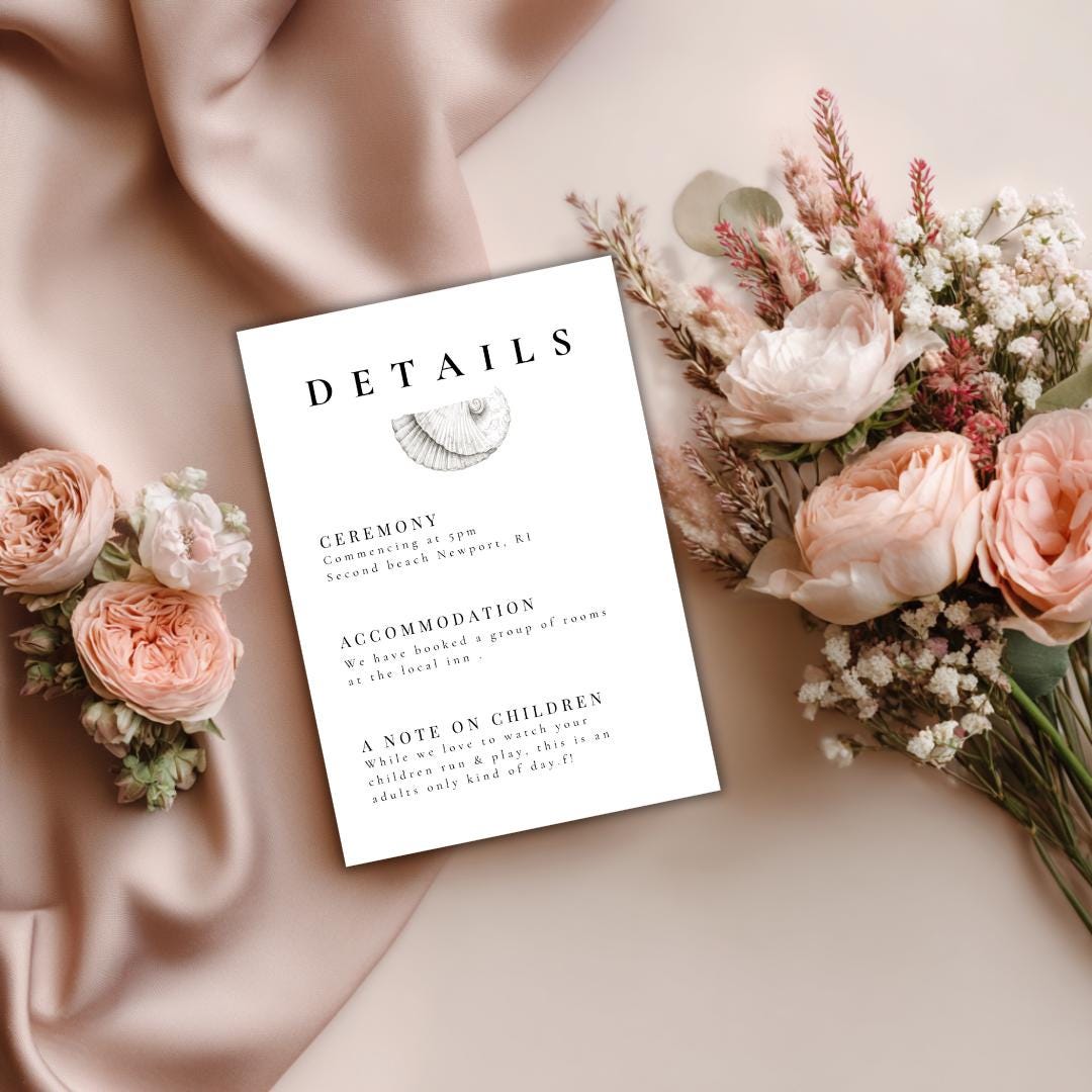 Simple Seashell Wedding Details Card Template | Editable Canva Beach Wedding Insert | Minimal Coastal Design | Printable Info Card