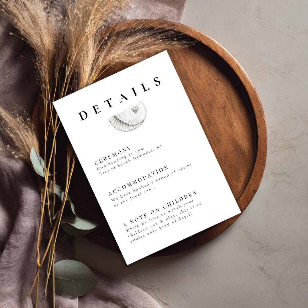 Simple Seashell Wedding Details Card Template | Editable Canva Beach Wedding Insert | Minimal Coastal Design | Printable Info Card