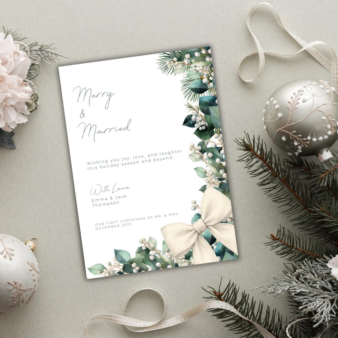 Merry & Married Holiday Card Template | Editable First Christmas Married Card | Holly Greenery Newlywed Christmas Card | Canva Template