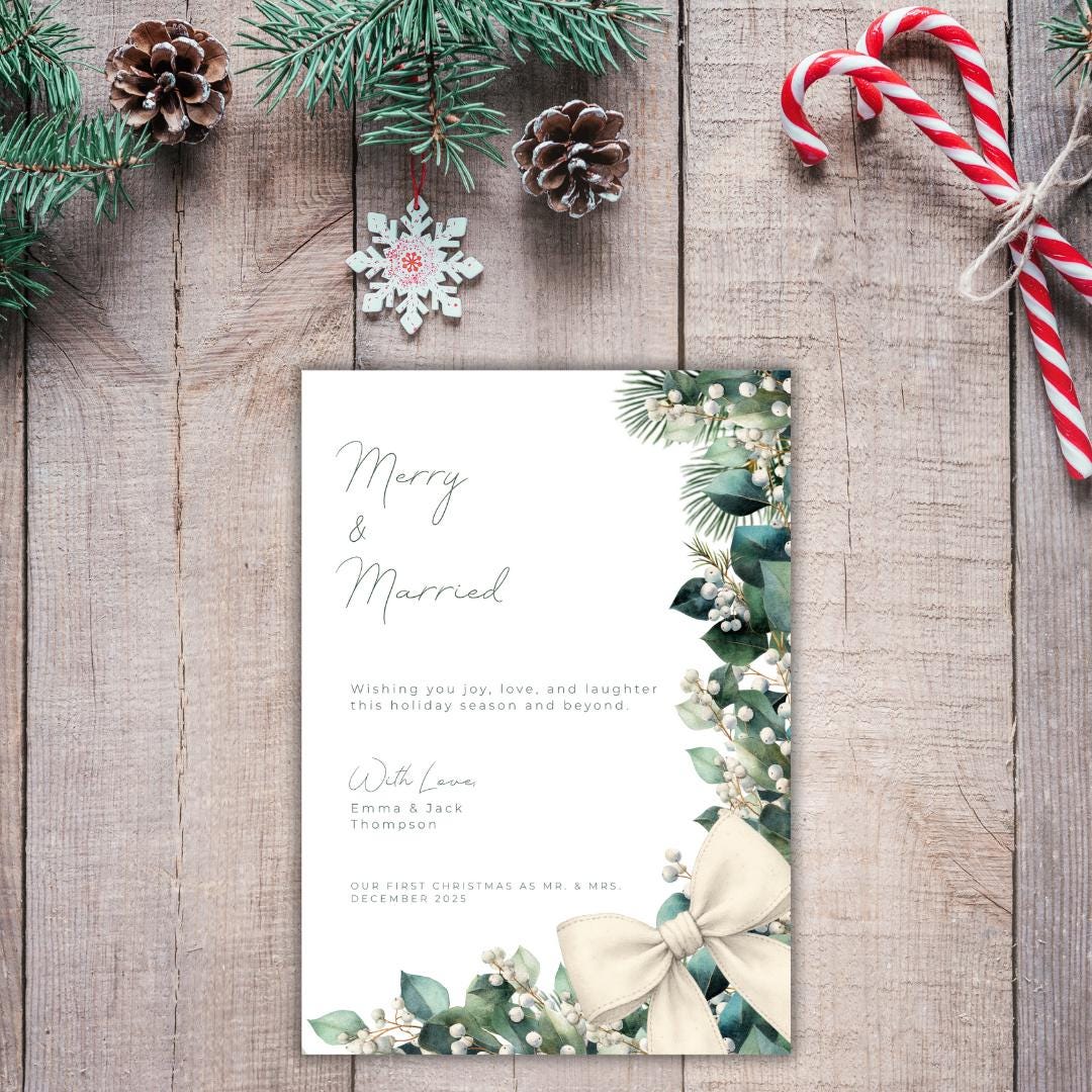 Merry & Married Holiday Card Template | Editable First Christmas Married Card | Holly Greenery Newlywed Christmas Card | Canva Template
