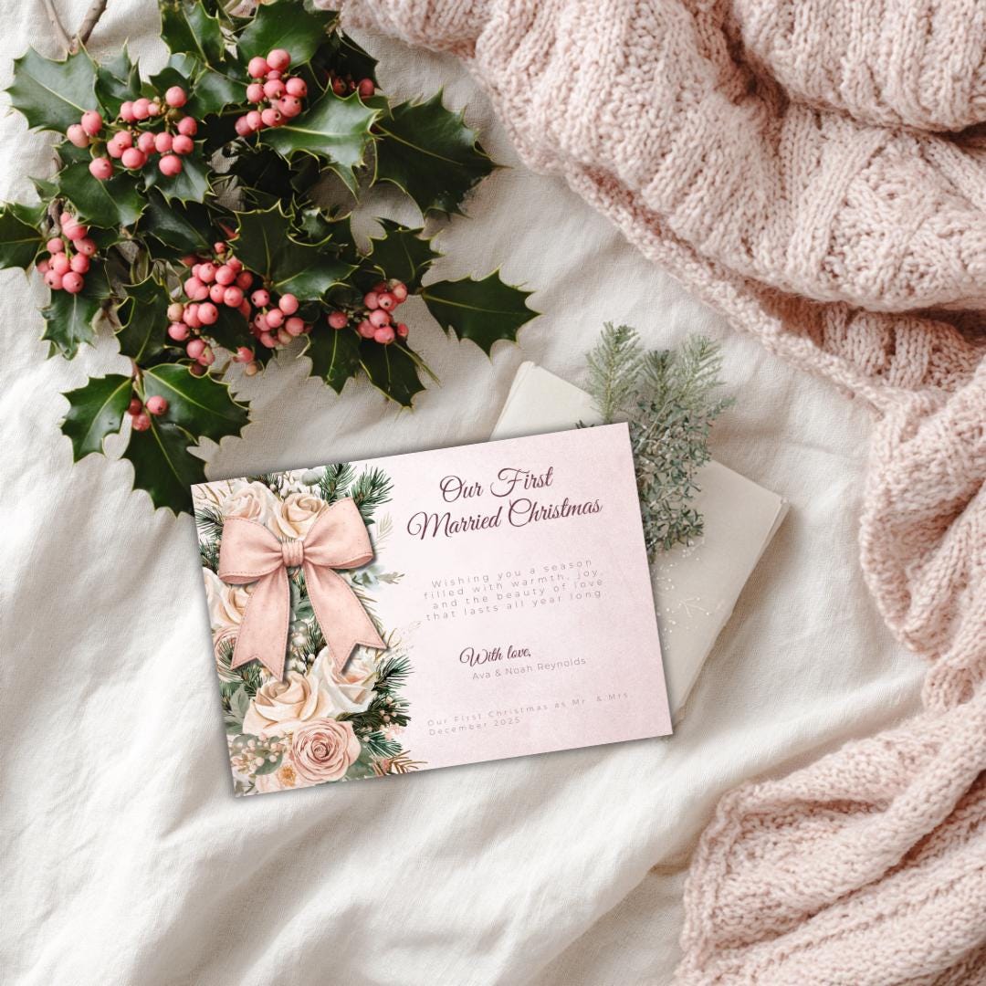 Our First Married Christmas Card Template | Editable Newlywed Holiday Card | Blush Floral Bow Christmas Card | Canva Template
