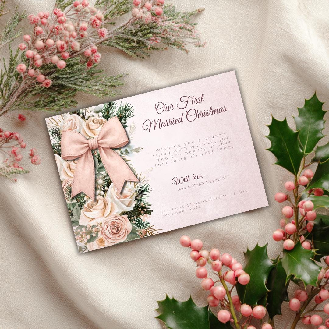 Our First Married Christmas Card Template | Editable Newlywed Holiday Card | Blush Floral Bow Christmas Card | Canva Template