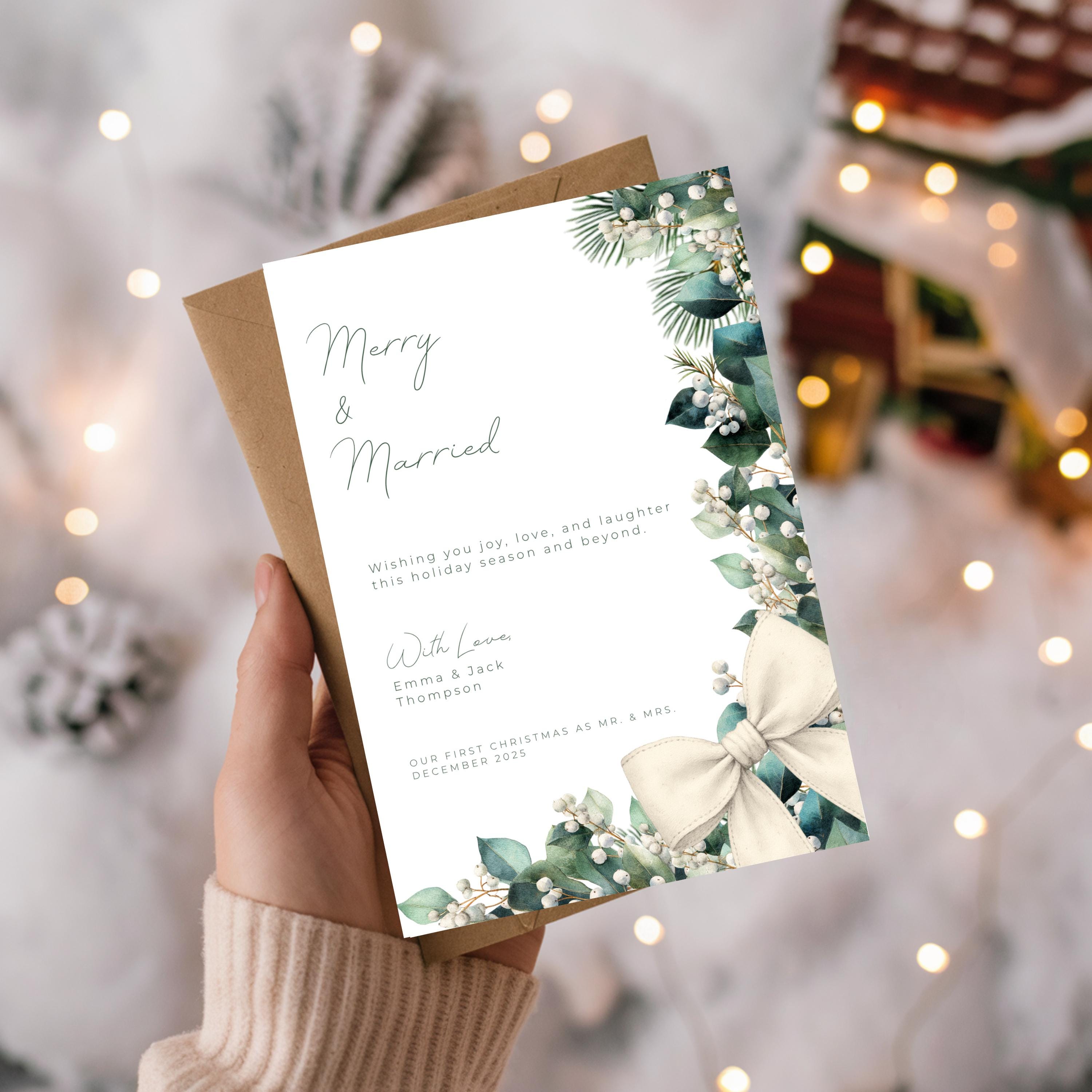 Merry & Married Holiday Card Template | Editable First Christmas Married Card | Holly Greenery Newlywed Christmas Card | Canva Template