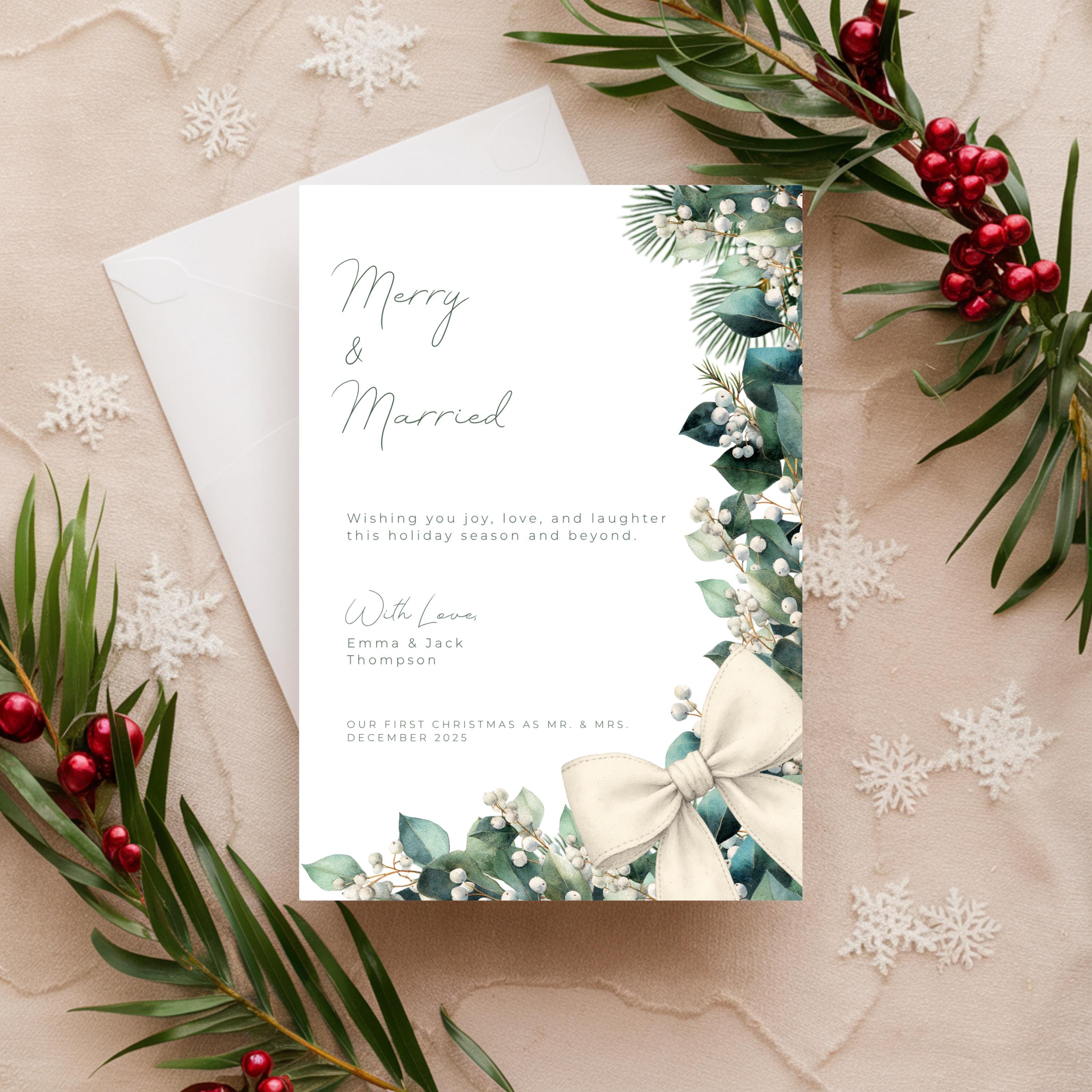Merry & Married Holiday Card Template | Editable First Christmas Married Card | Holly Greenery Newlywed Christmas Card | Canva Template