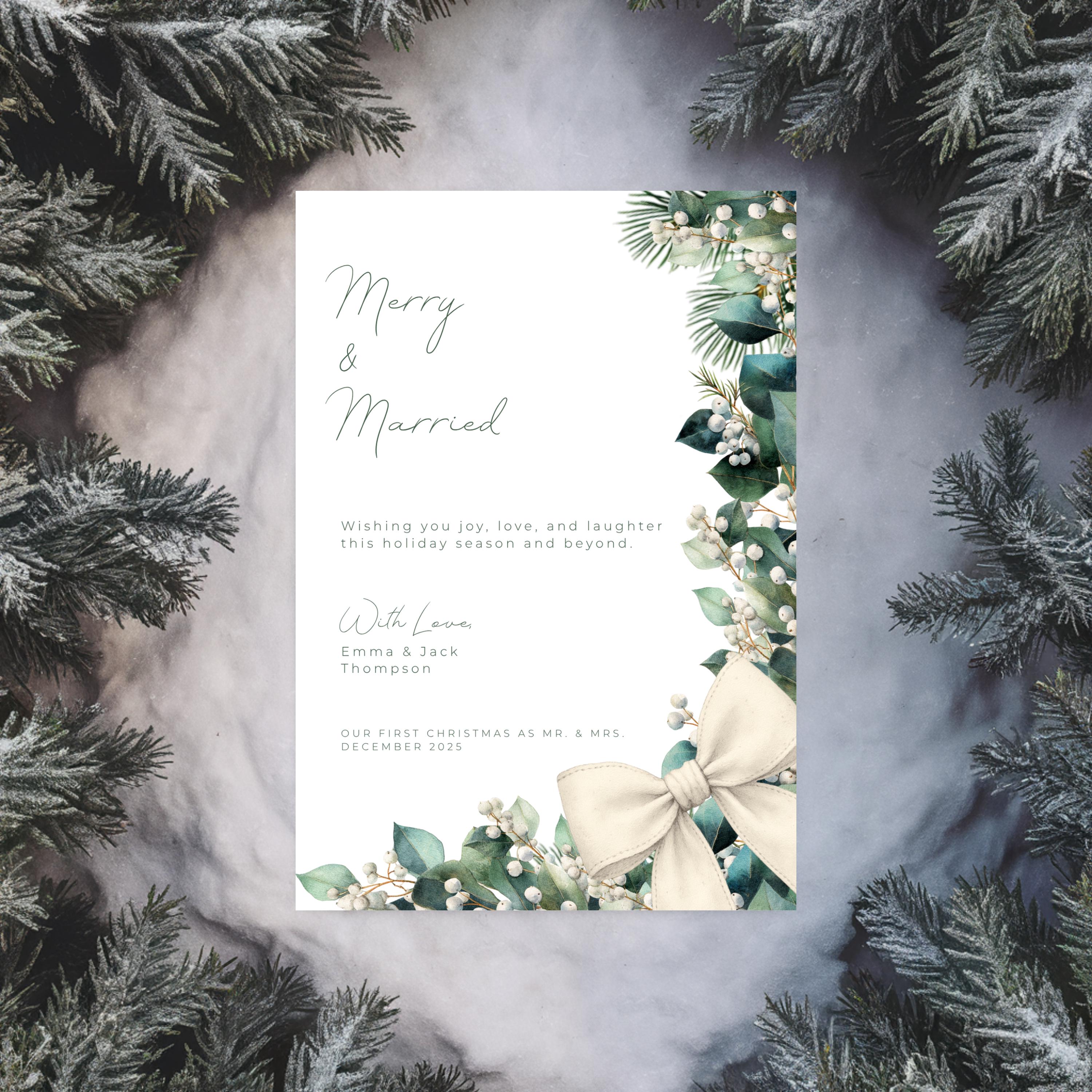 Merry & Married Holiday Card Template | Editable First Christmas Married Card | Holly Greenery Newlywed Christmas Card | Canva Template