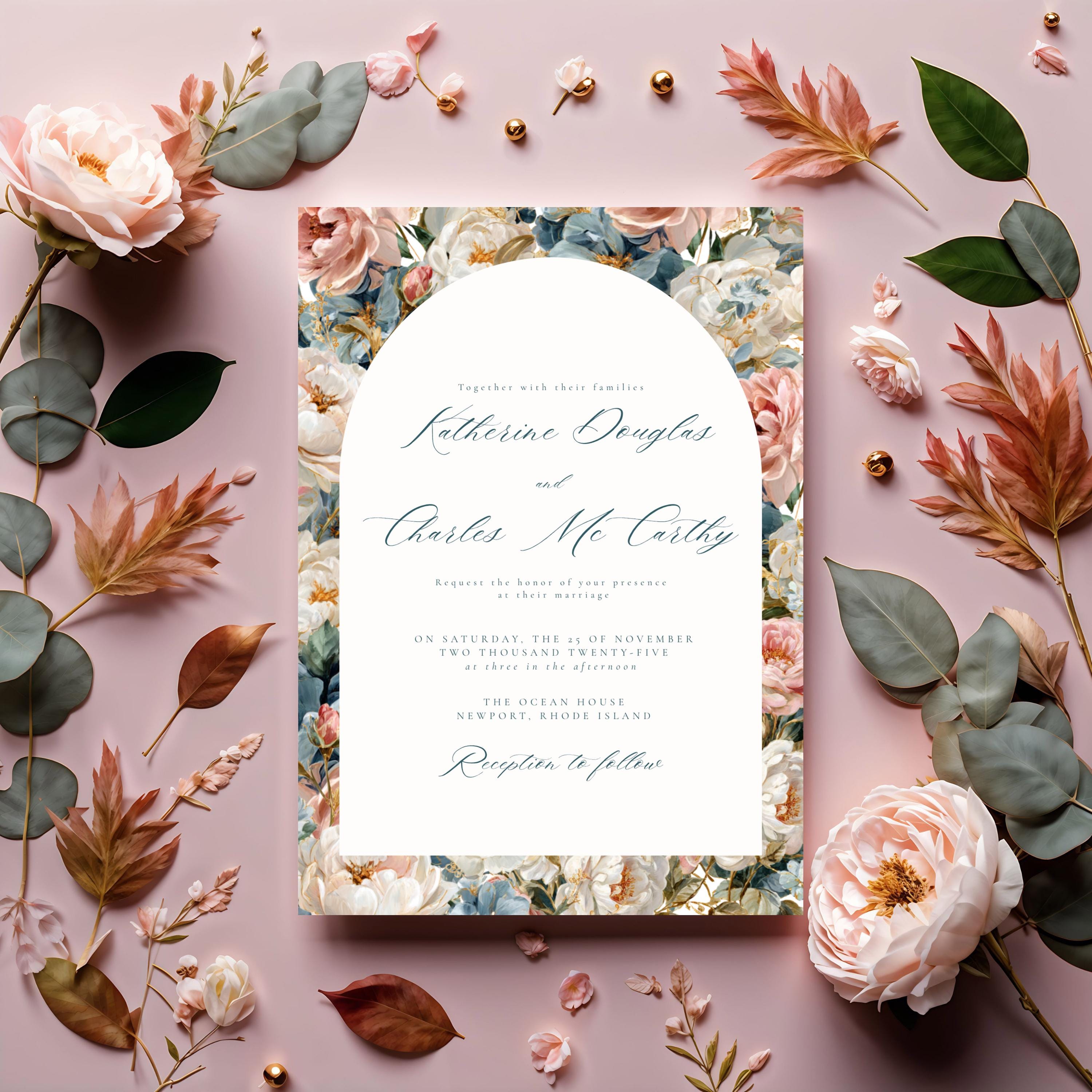 Rococo Flowers Wedding Invitation Template | Editable Canva Invite | Classic Arch Design | Blue & Pink Flowers | Gold Details | DIY Brides