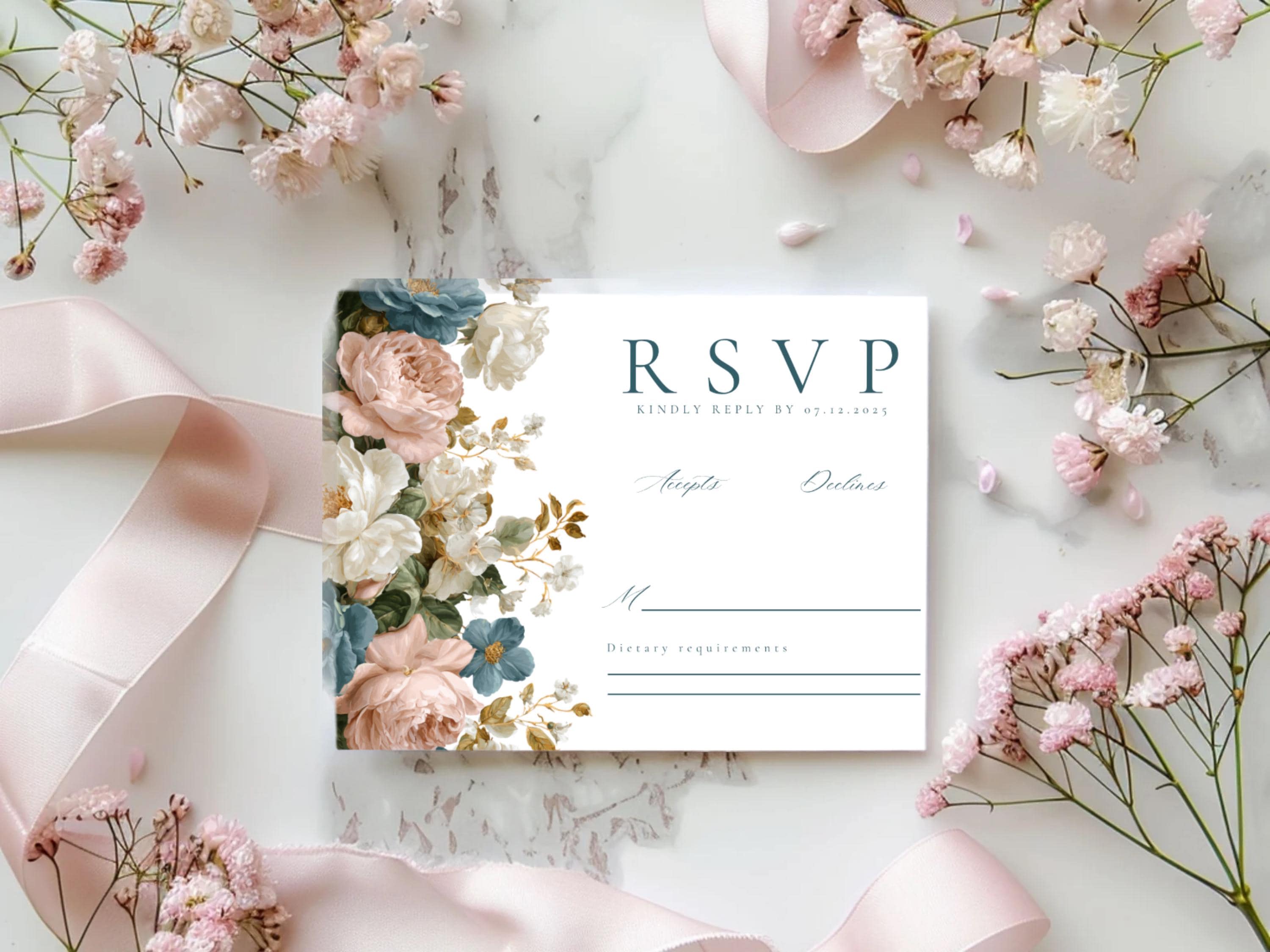 Rococo Floral Wedding RSVP Card Template | Editable Canva RSVP | Elegant Blue & Pink Floral Design | Printable Wedding Template