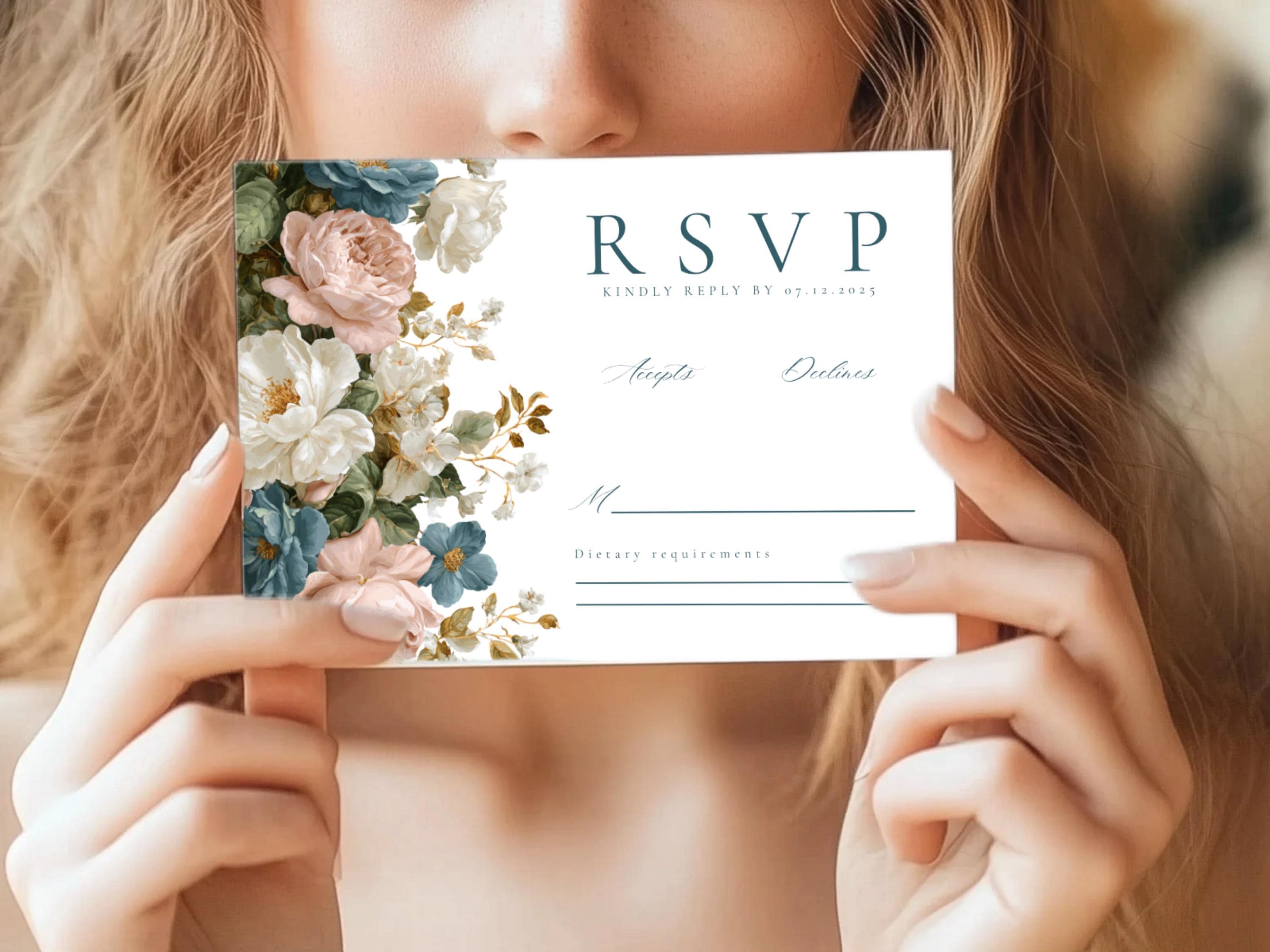 Rococo Floral Wedding RSVP Card Template | Editable Canva RSVP | Elegant Blue & Pink Floral Design | Printable Wedding Template