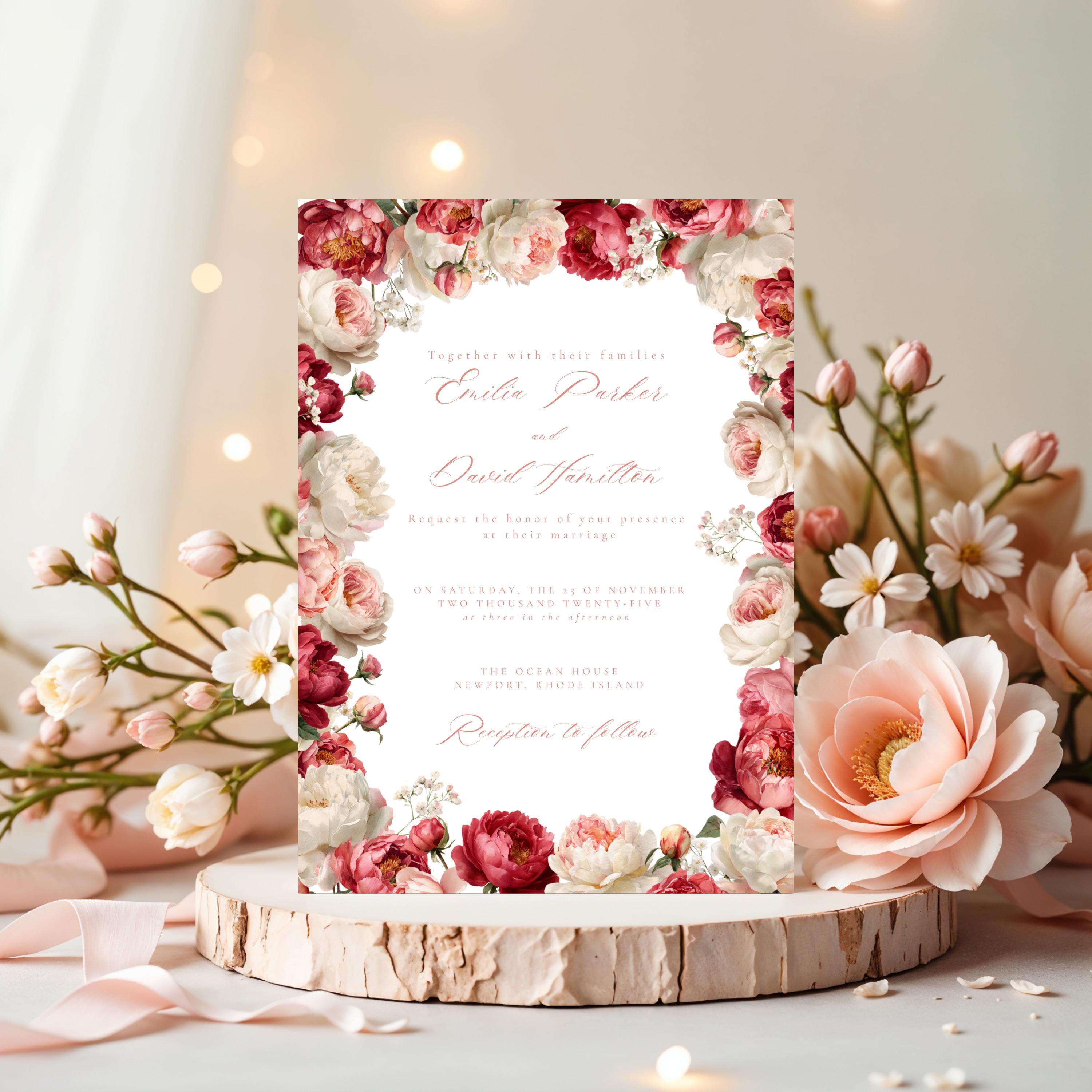 Pink Floral Wedding Invitation Template | Blush Peony & Rose Wedding Invite | Romantic Editable Canva Template for DIY Brides