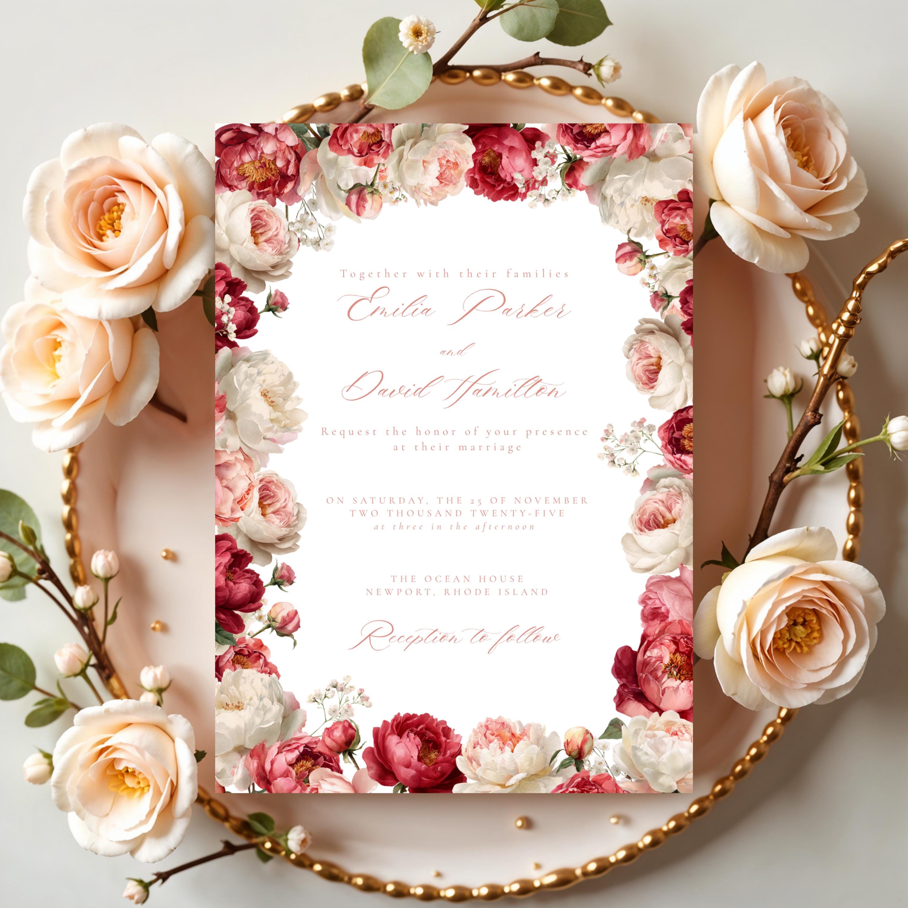 Pink Floral Wedding Invitation Template | Blush Peony & Rose Wedding Invite | Romantic Editable Canva Template for DIY Brides