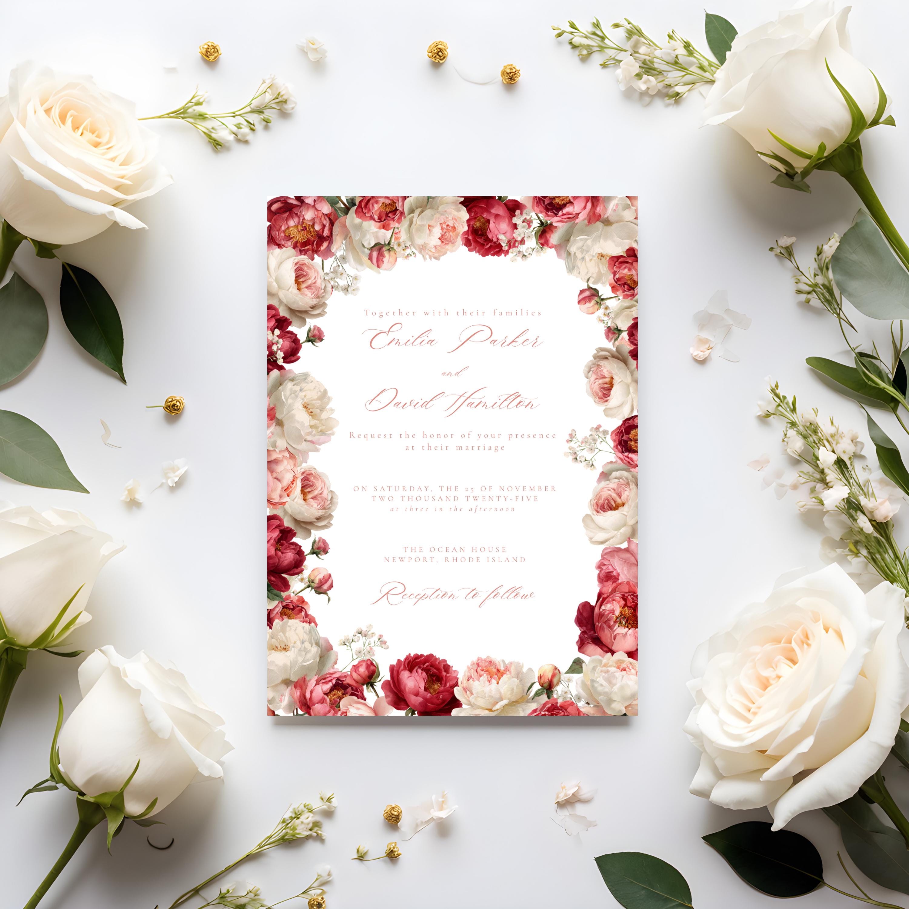 Pink Floral Wedding Invitation Template | Blush Peony & Rose Wedding Invite | Romantic Editable Canva Template for DIY Brides