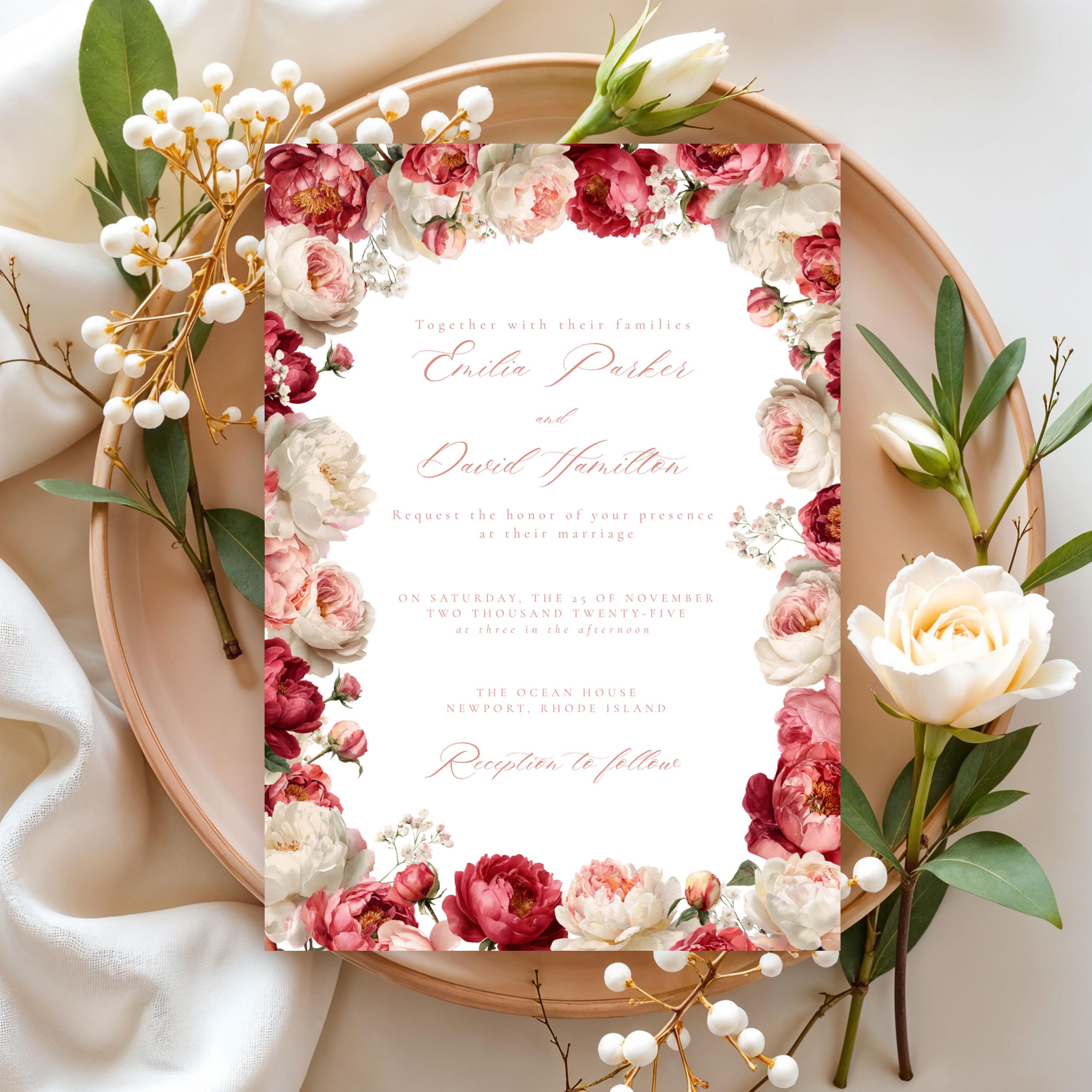 Pink Floral Wedding Invitation Template | Blush Peony & Rose Wedding Invite | Romantic Editable Canva Template for DIY Brides