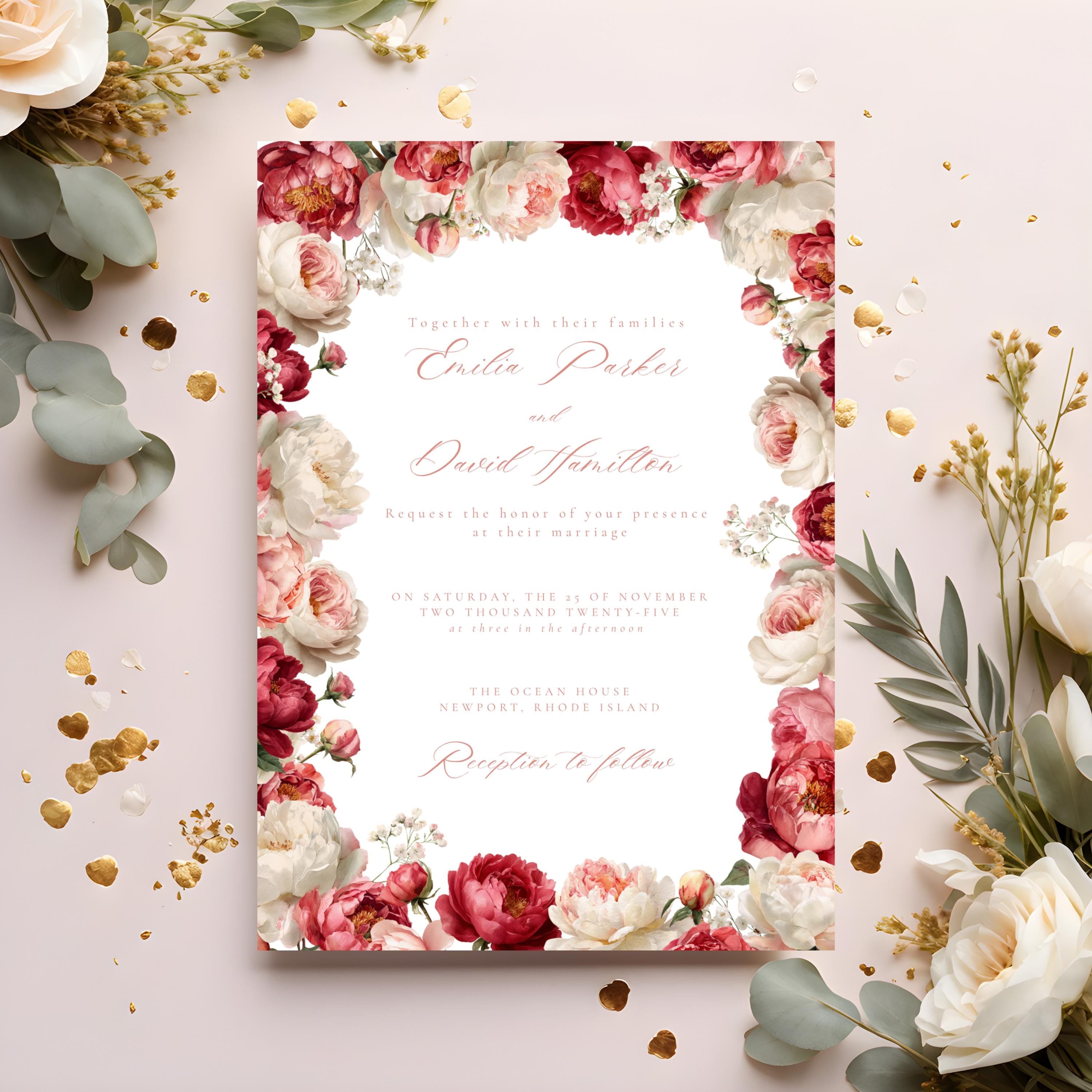 Pink Floral Wedding Invitation Template | Blush Peony & Rose Wedding Invite | Romantic Editable Canva Template for DIY Brides