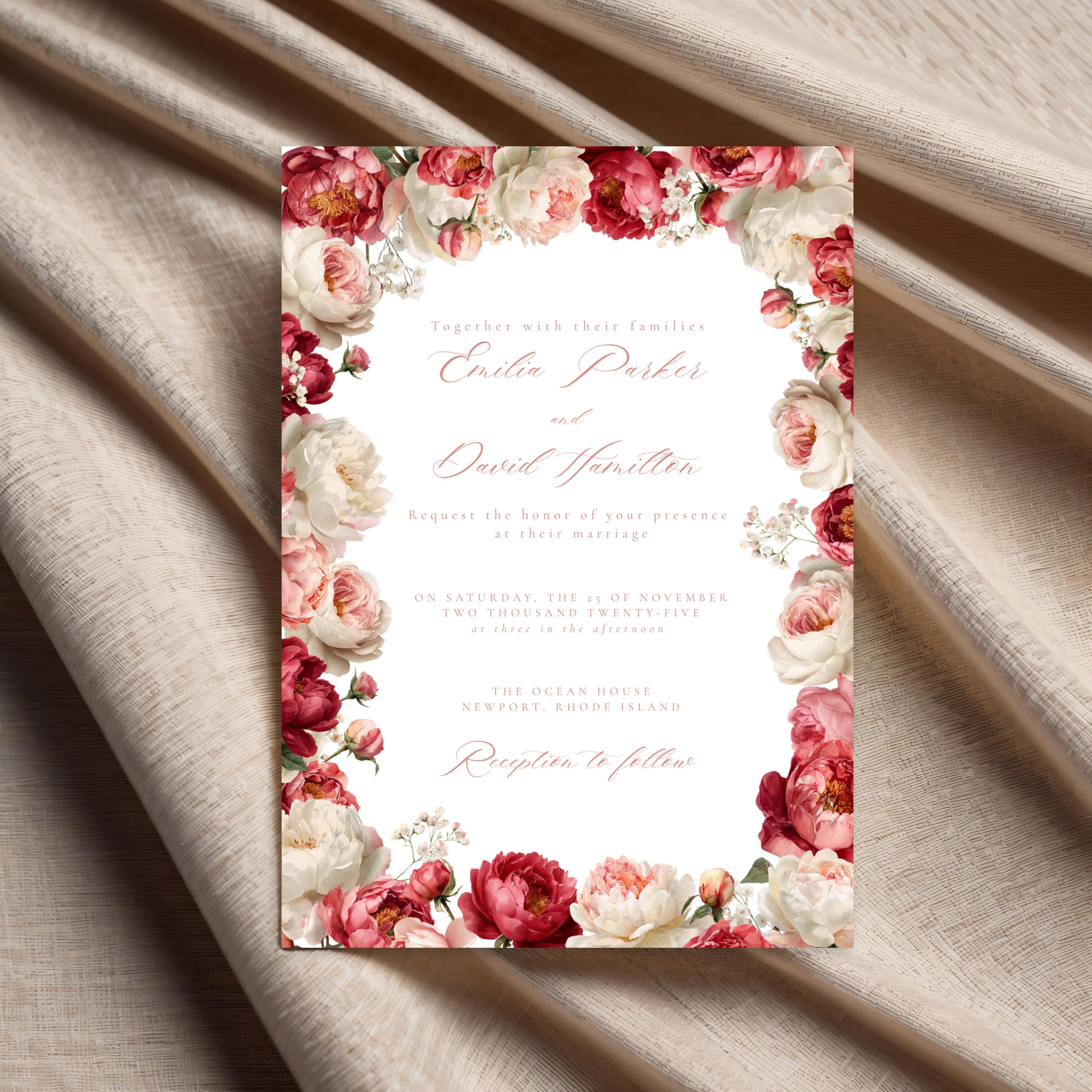 Pink Floral Wedding Invitation Template | Blush Peony & Rose Wedding Invite | Romantic Editable Canva Template for DIY Brides