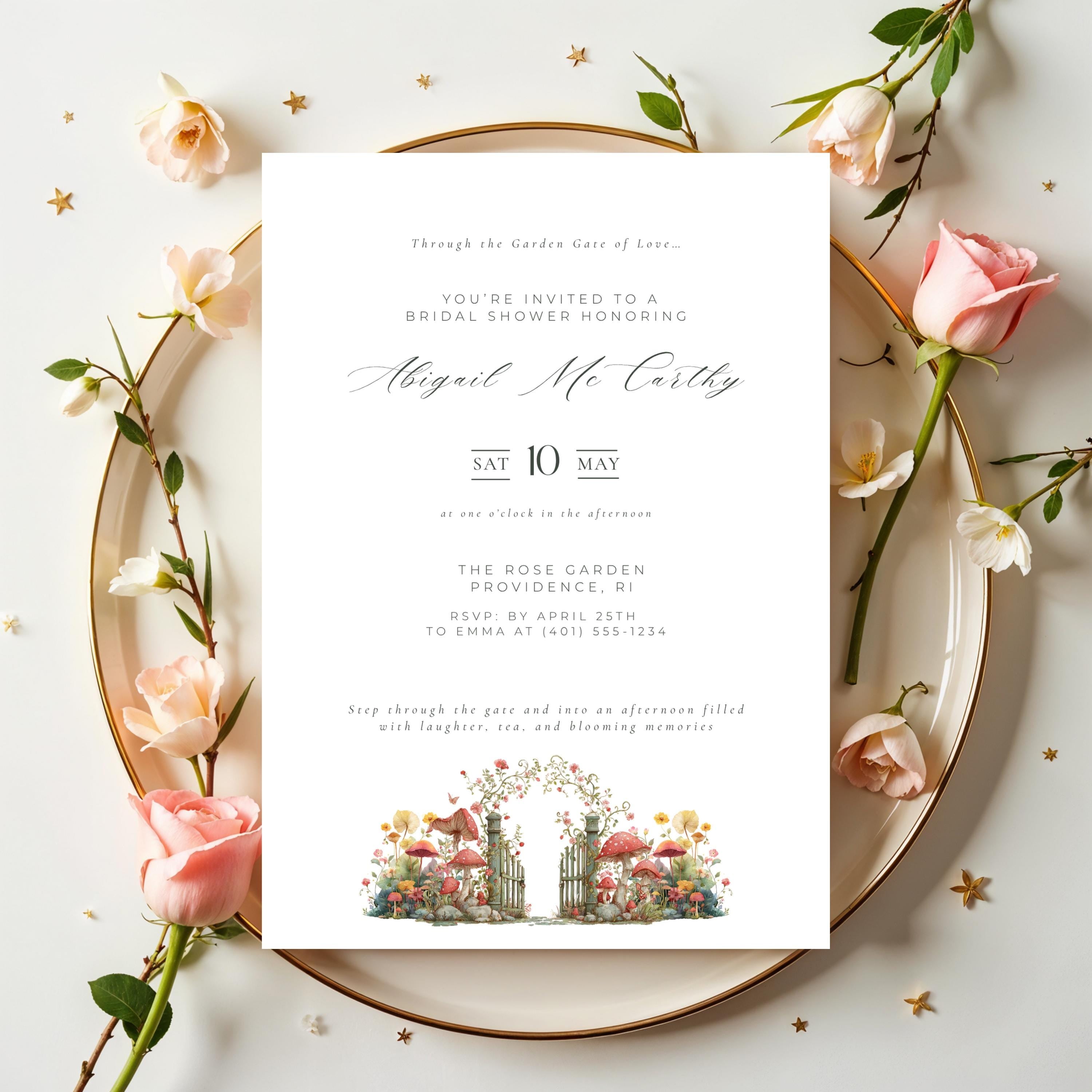 Elegant Garden Gate Bridal Shower Invitation Template (Editable Canva)