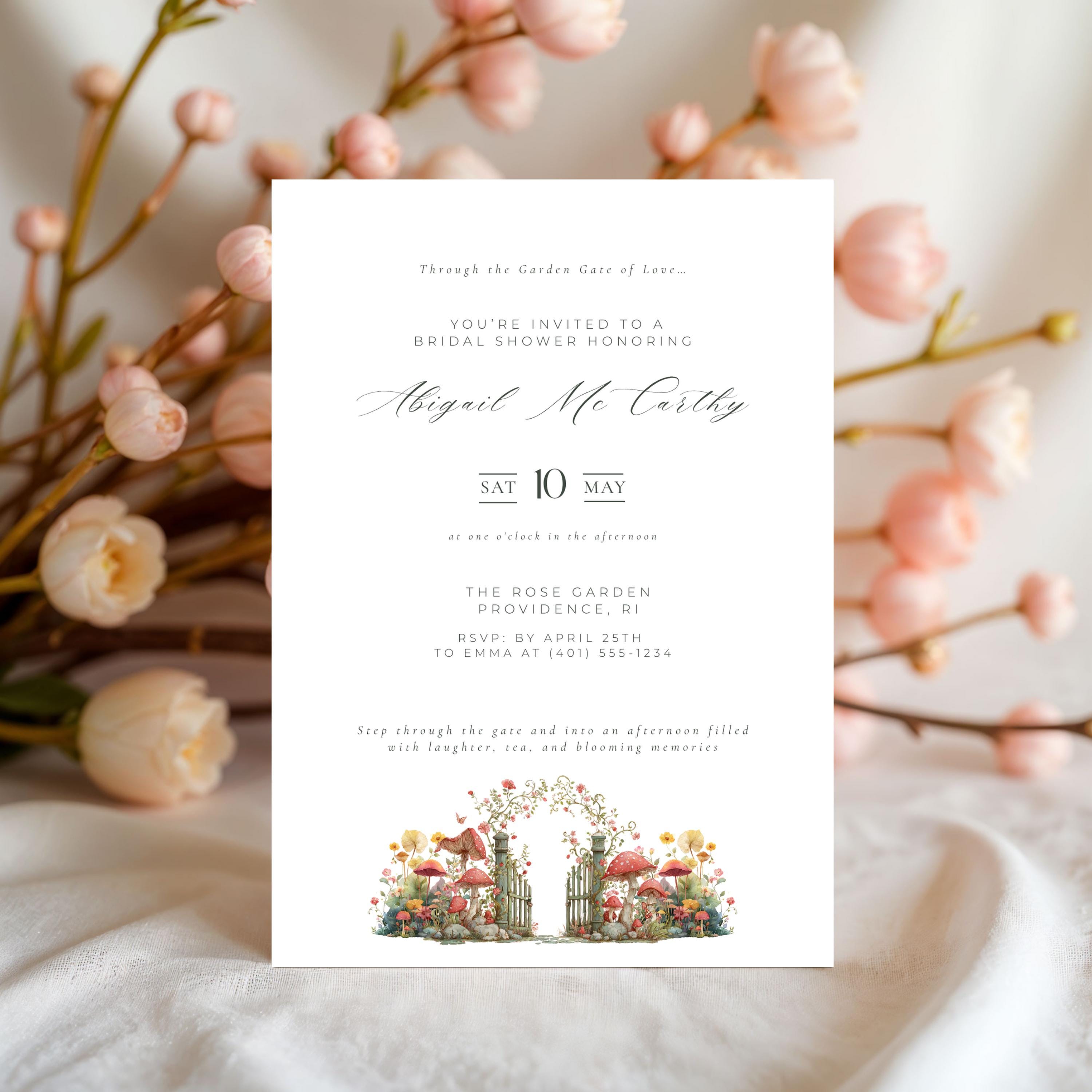 Elegant Garden Gate Bridal Shower Invitation Template (Editable Canva)