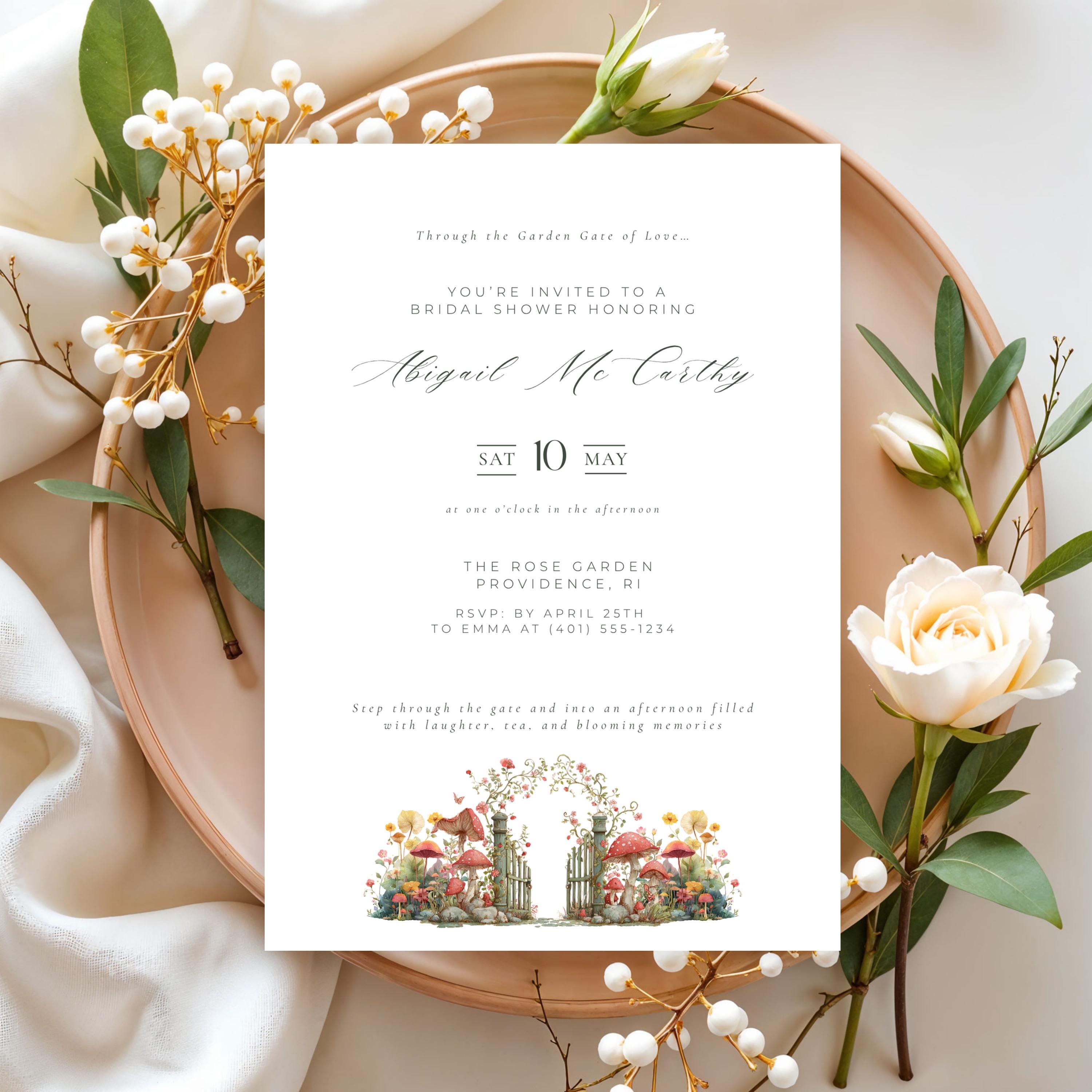 Elegant Garden Gate Bridal Shower Invitation Template (Editable Canva)