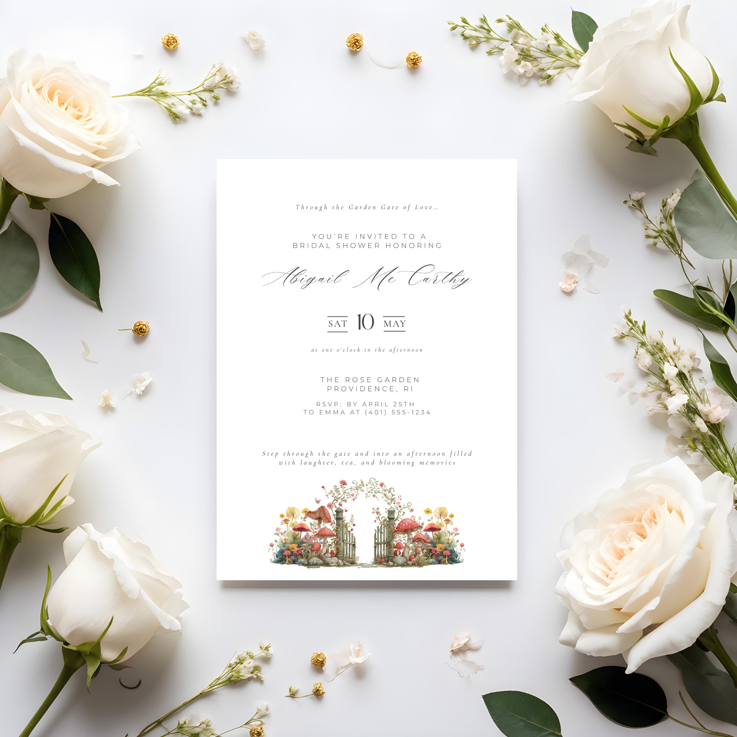 Elegant Garden Gate Bridal Shower Invitation Template (Editable Canva)
