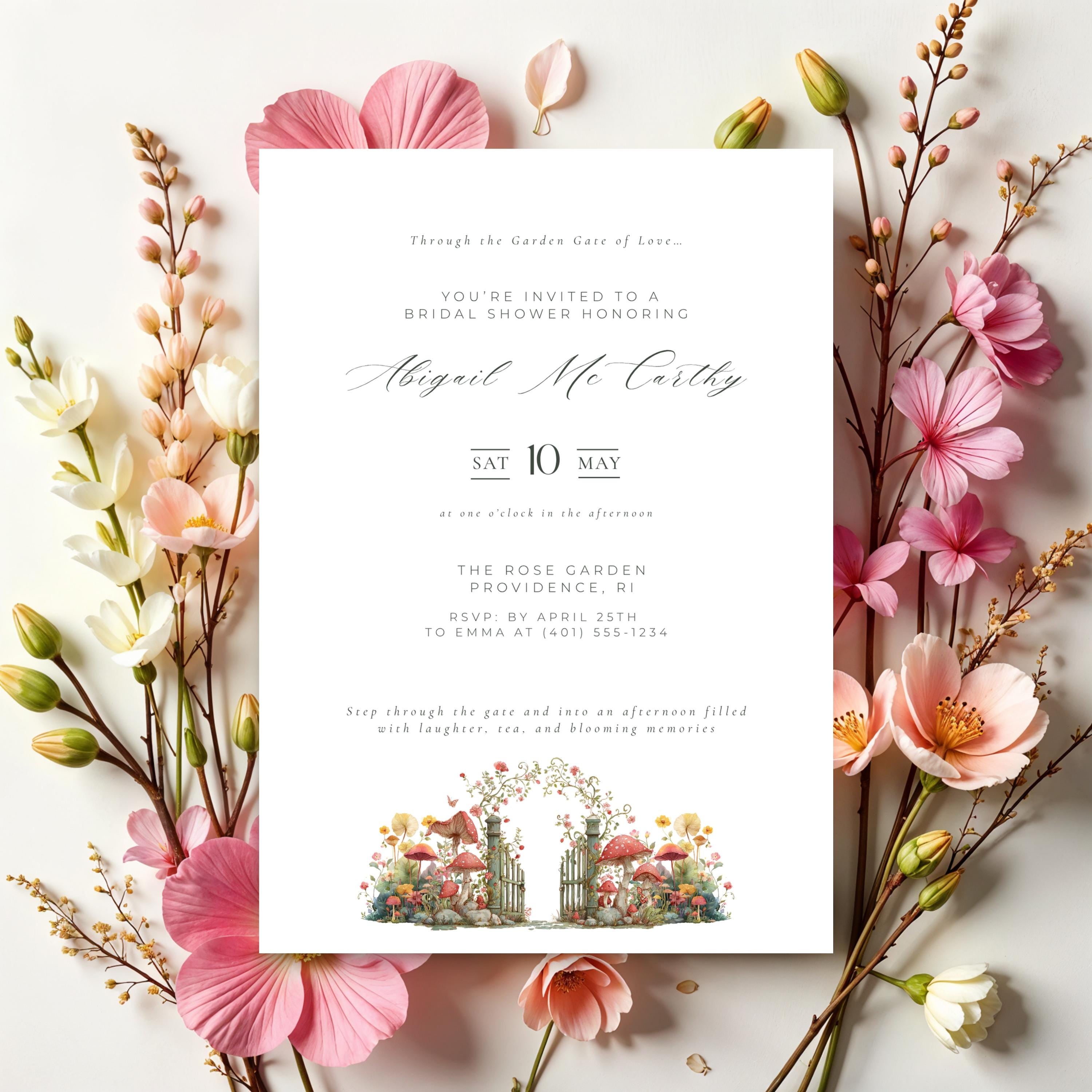 Elegant Garden Gate Bridal Shower Invitation Template (Editable Canva)