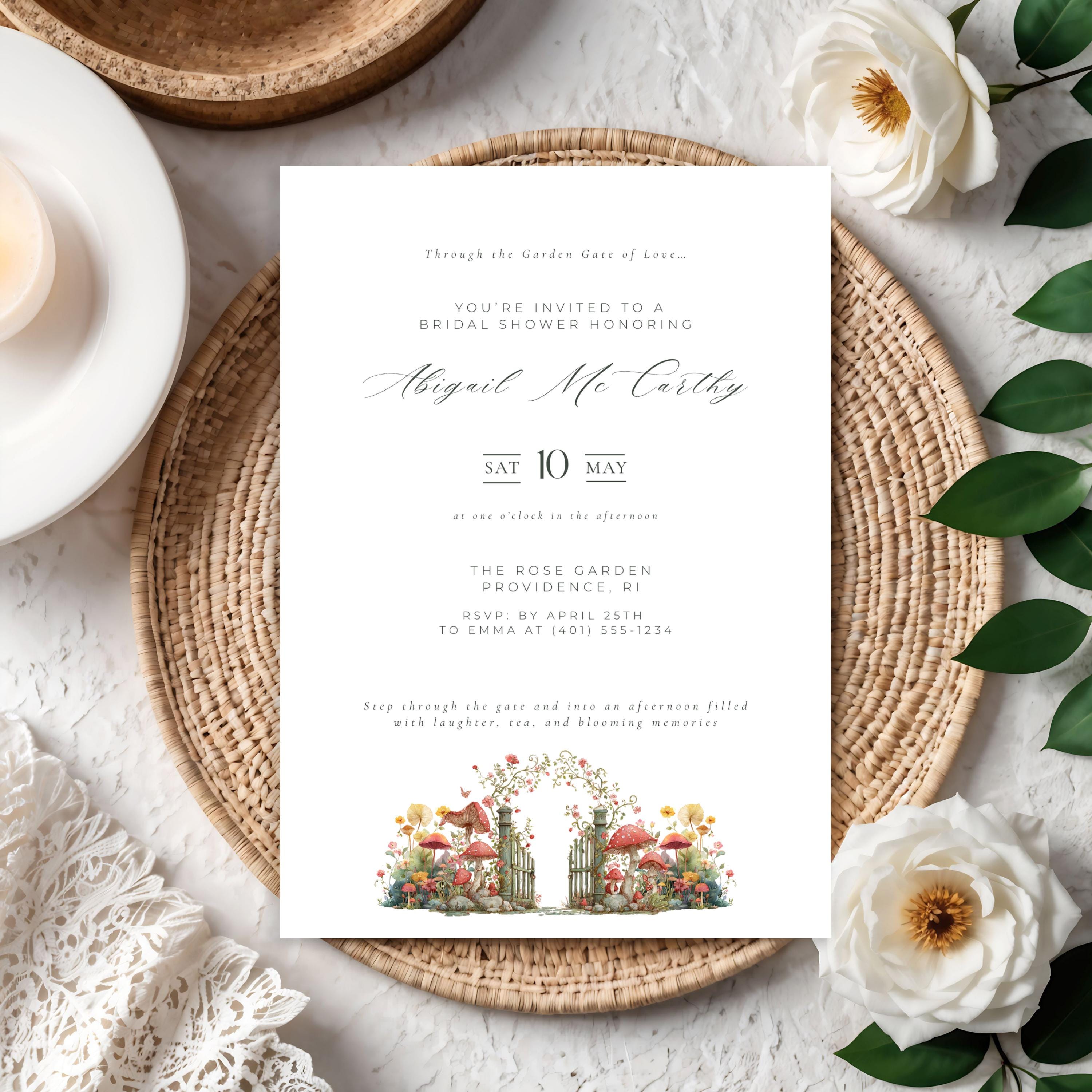 Elegant Garden Gate Bridal Shower Invitation Template (Editable Canva)