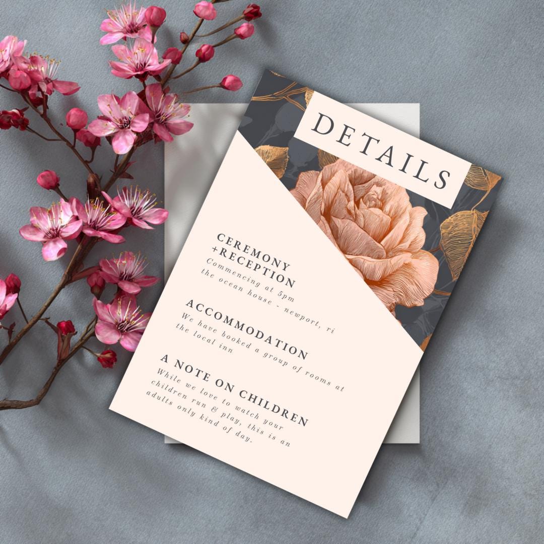 Rose Gold Floral Wedding Details Card | Printable Information Insert (Canva Template)