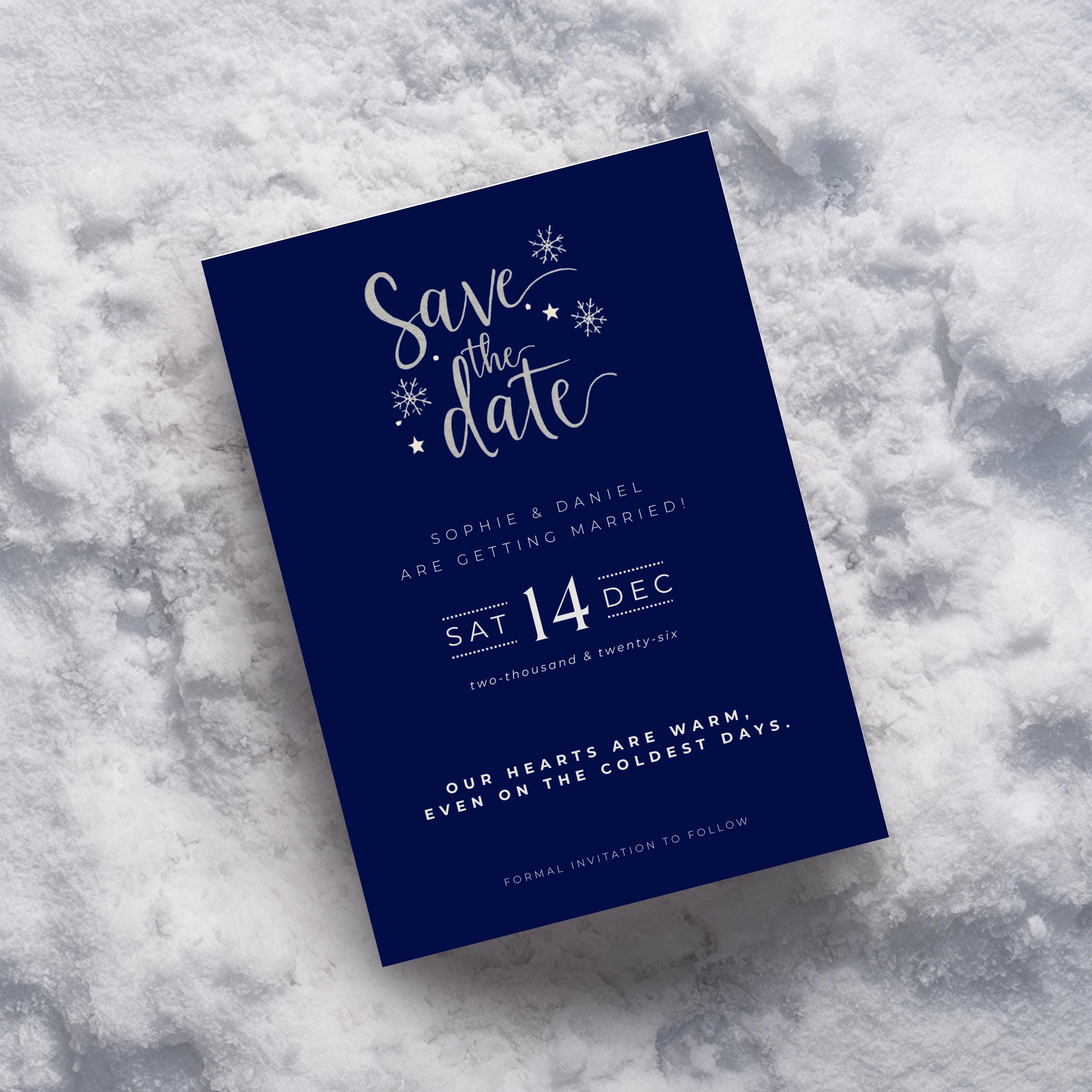 Elegant Winter Save the Date Template | Navy & Silver (Canva Editable)