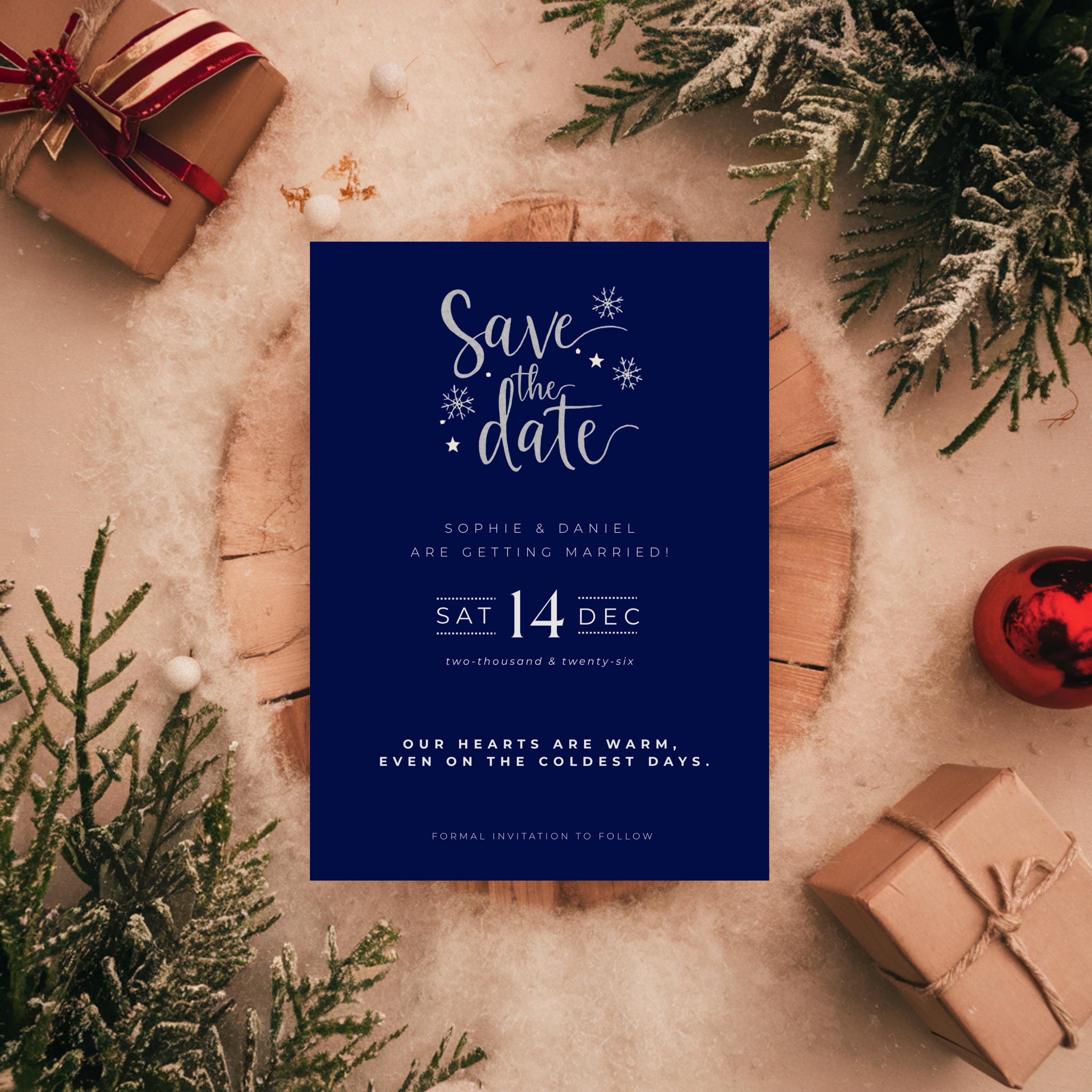Elegant Winter Save the Date Template | Navy & Silver (Canva Editable)