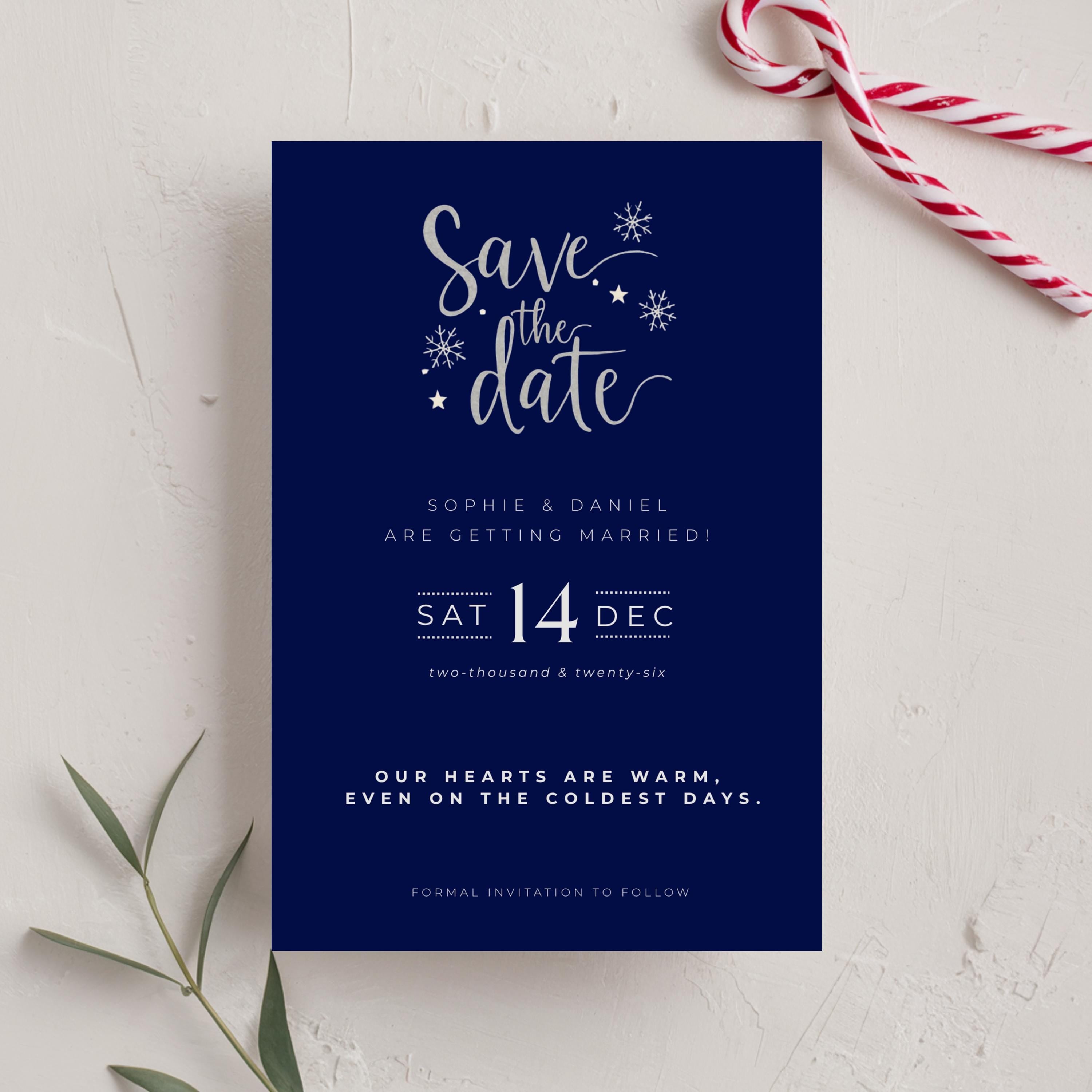Elegant Winter Save the Date Template | Navy & Silver (Canva Editable)