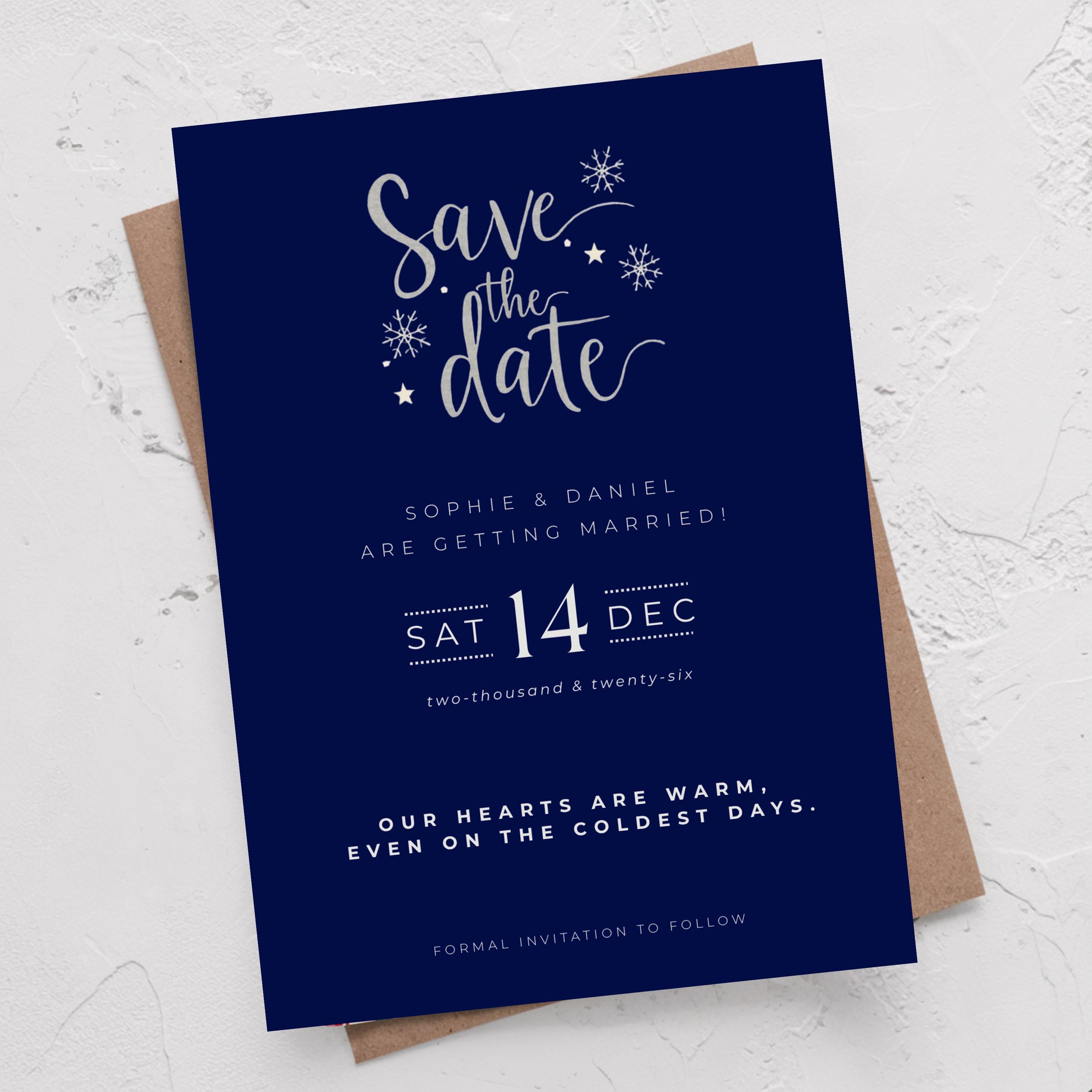 Elegant Winter Save the Date Template | Navy & Silver (Canva Editable)
