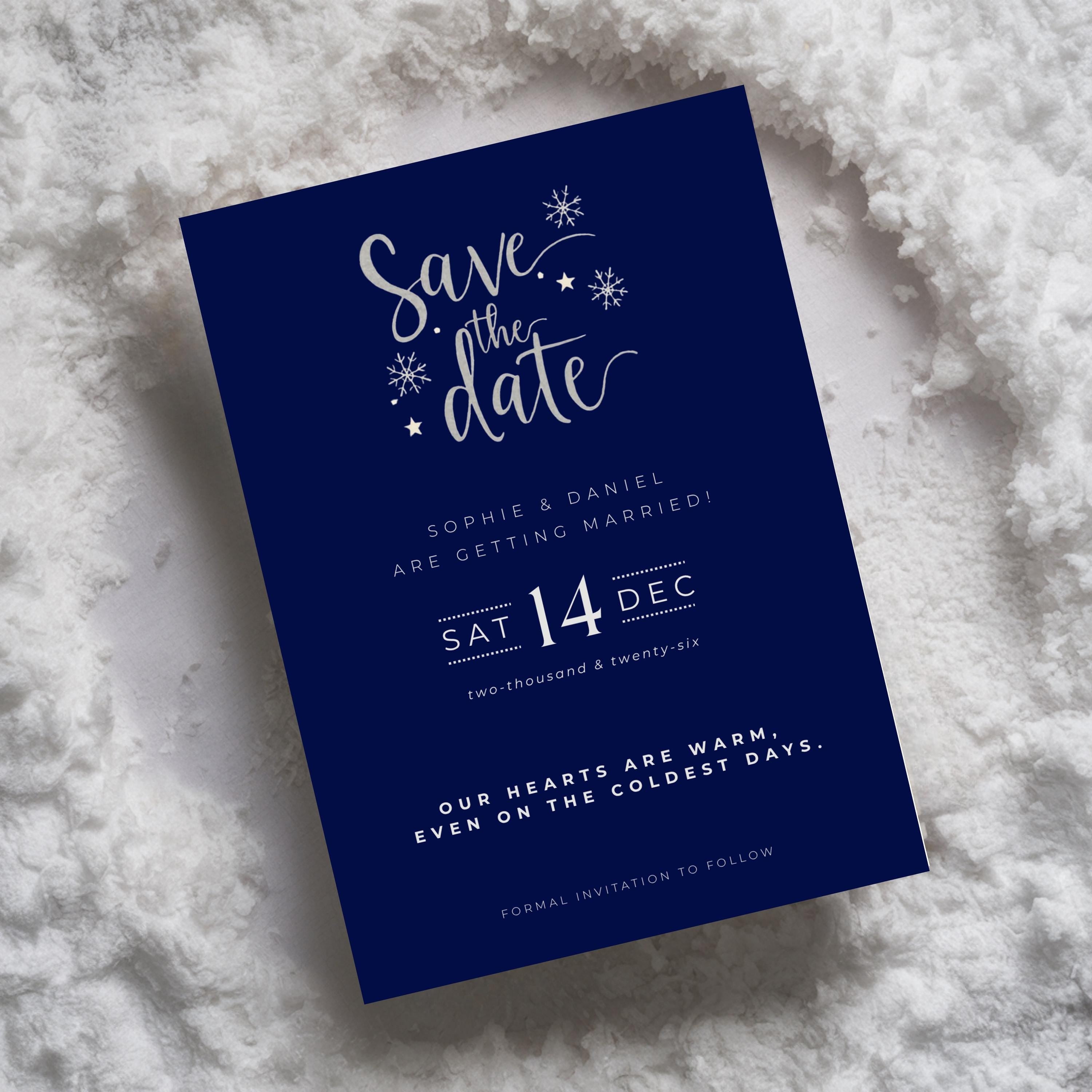 Elegant Winter Save the Date Template | Navy & Silver (Canva Editable)