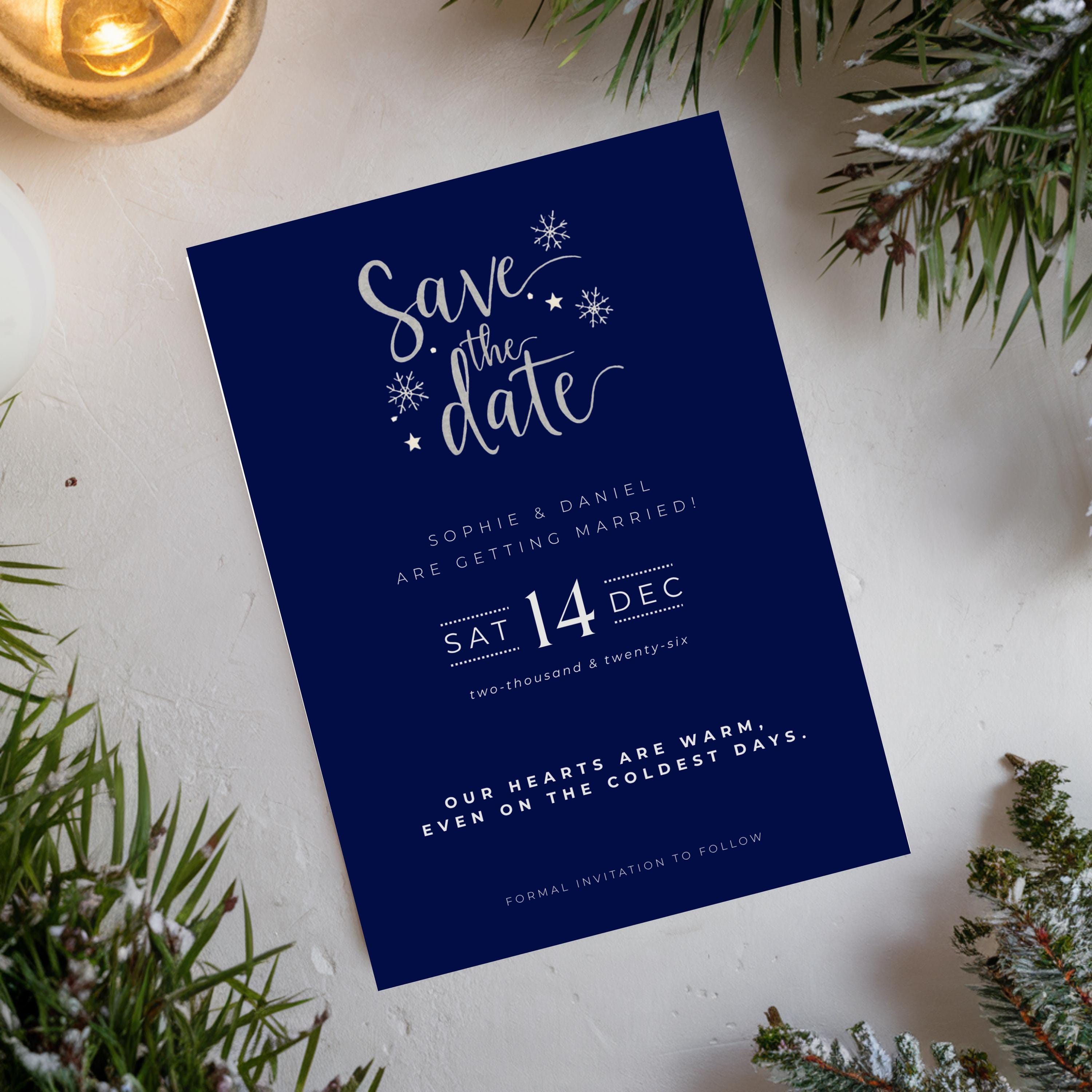 Elegant Winter Save the Date Template | Navy & Silver (Canva Editable)