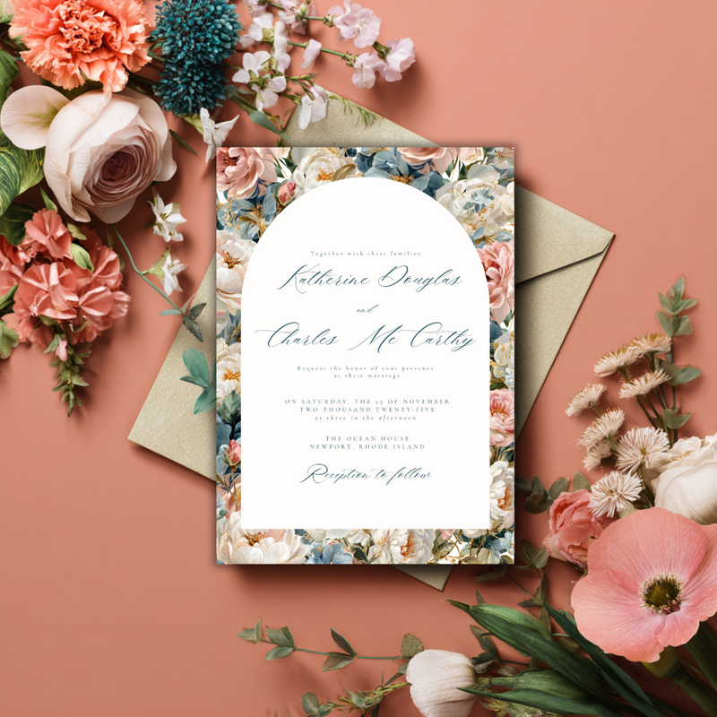 Rococo Flowers Wedding Invitation Template | Editable Canva Invite | Classic Arch Design | Blue & Pink Flowers | Gold Details | DIY Brides
