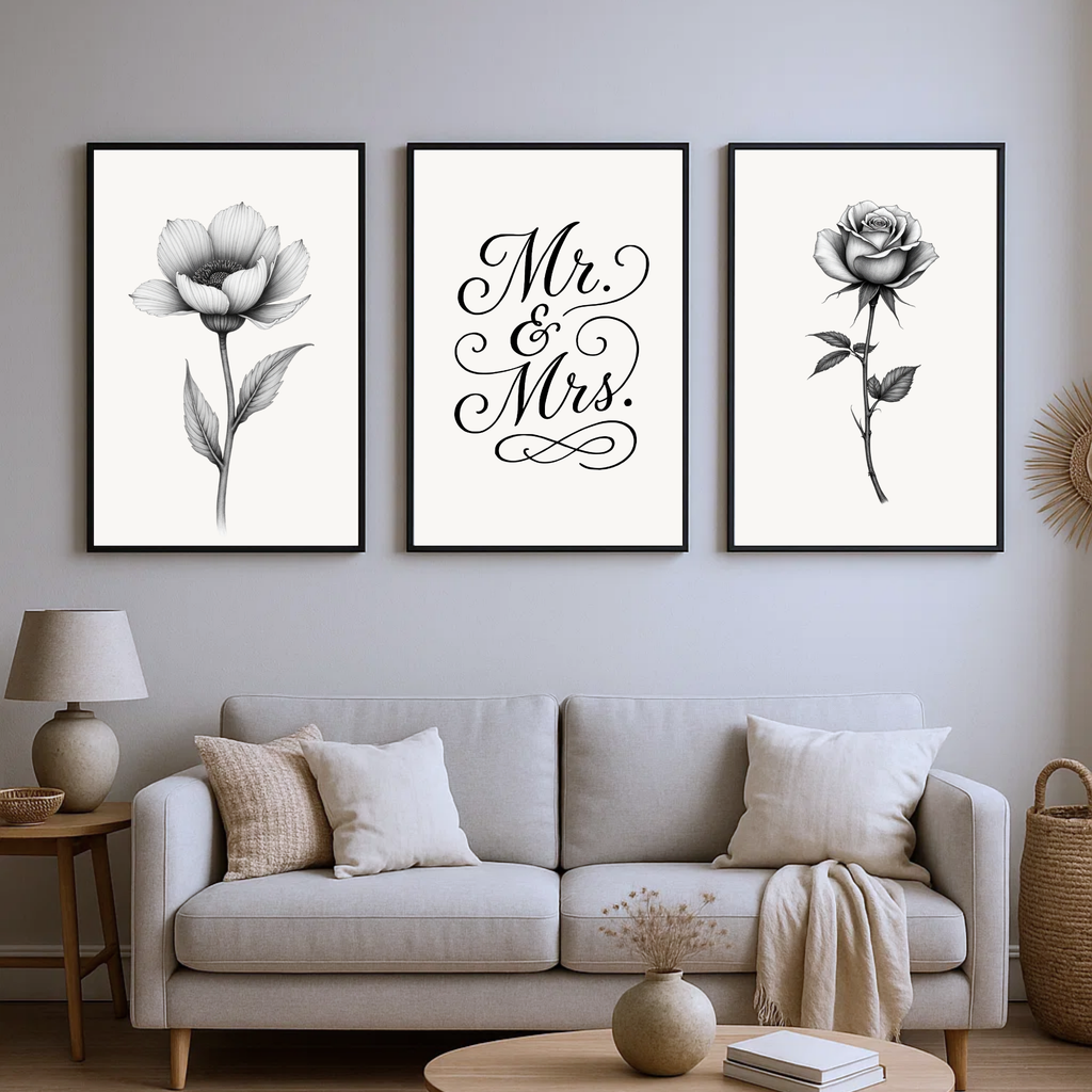 Botanical Mr. & Mrs. Fine Art Wall Print Set of 3