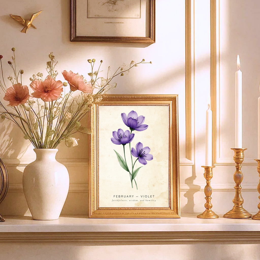 February Birth Flower Wall Art – Violet Print (Faithfulness & Wisdom)