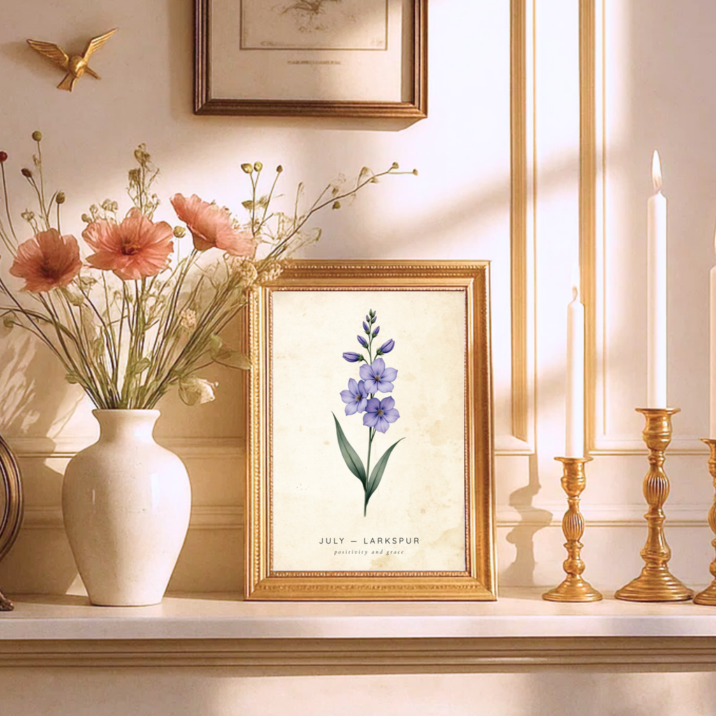July Birth Flower Wall Art – Larkspur Print (Positivity & Grace)