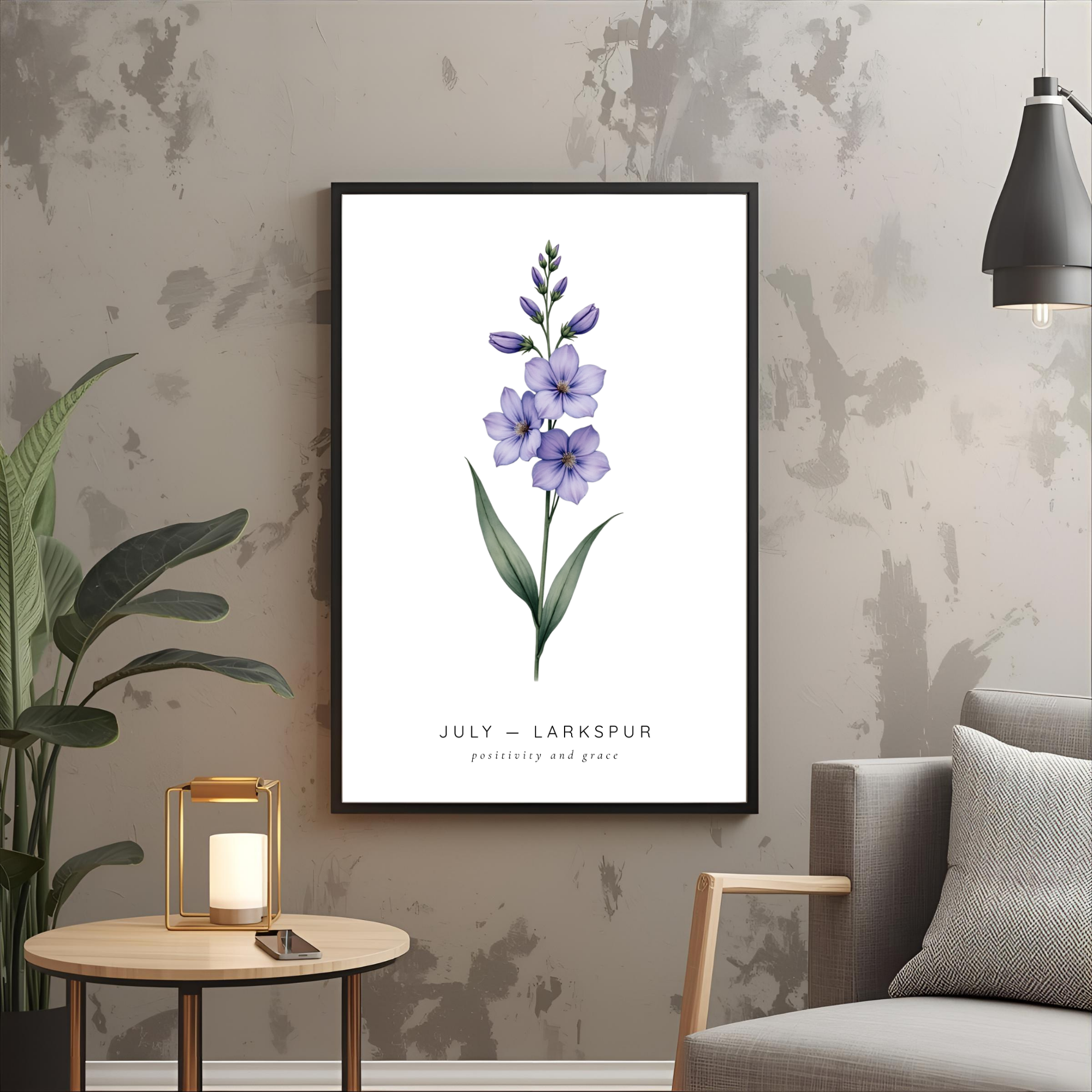 July Birth Flower Wall Art – Larkspur Print (Positivity & Grace)