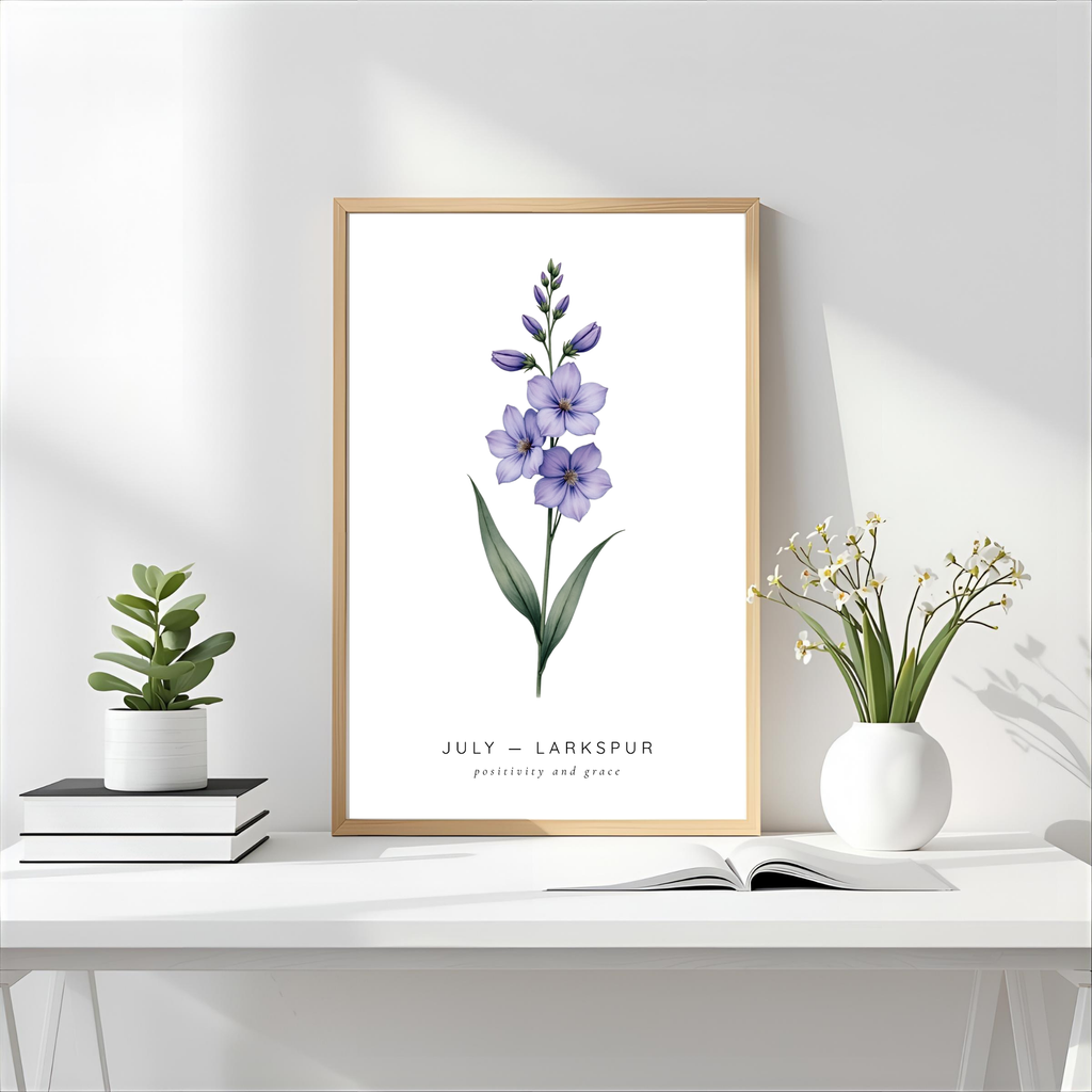 July Birth Flower Wall Art – Larkspur Print (Positivity & Grace)