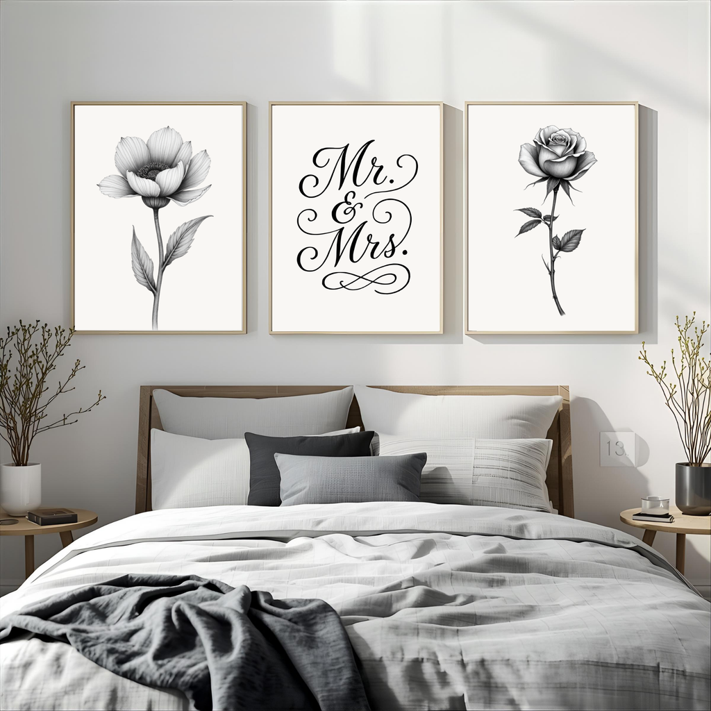 Botanical Mr. & Mrs. Fine Art Wall Print Set of 3